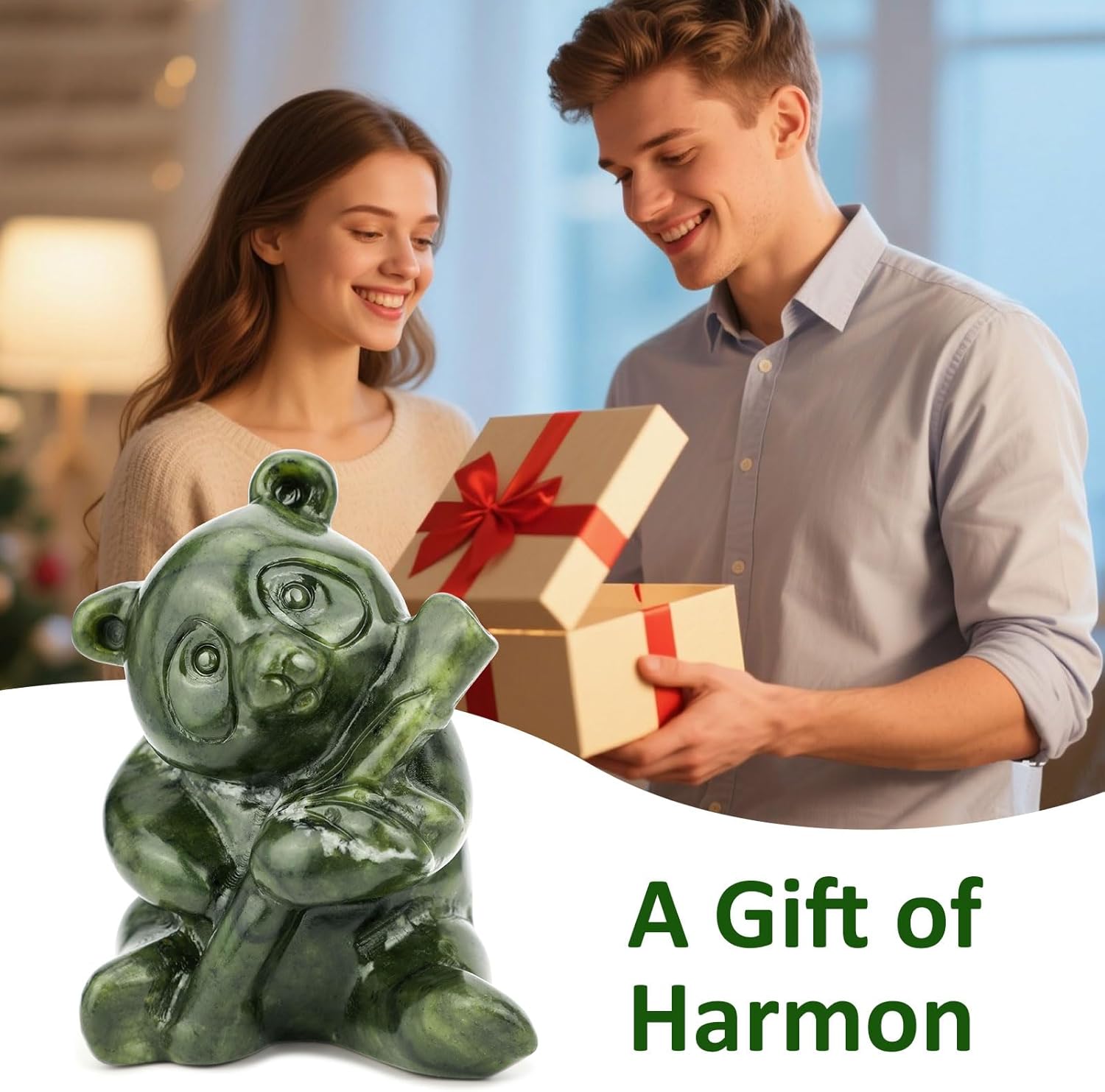 gemshan Green Jade Panda Statue - Natural Jade Figurine for Home Decor, Desk & Living Room