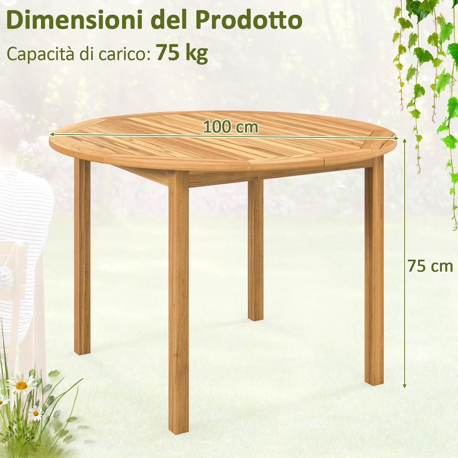 COSTWAY Tavolo da Pranzo Rotondo Giardino, in Legno di Acacia, per 4 Persone, Tavolo Pranzo per Esterno e Interno, Portata 75 kg, 100 x 100 x 75 cm