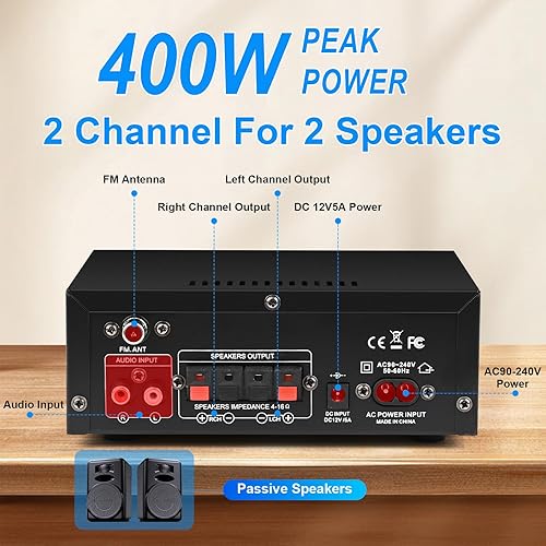 Miniatura 3 de Amplificador de audio estéreo AK45 Receptor Bluetooth para estéreo doméstico, 400 W 2 canales inalámbrico Bluetooth 5.0 Sistema amplificador de