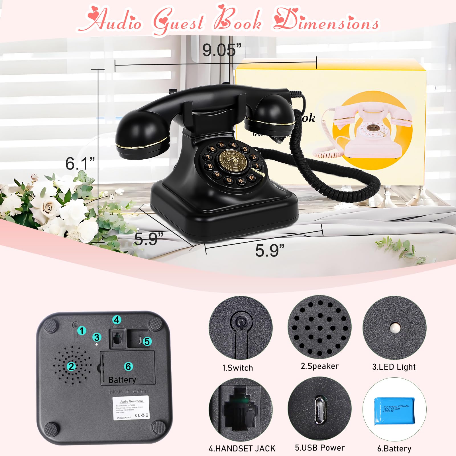 Libro de visitas de audio para teléfono de boda, libro de visitas, grabación de mensajes de audio personalizados, libro de visitas de estilo retro clásico para fiestas, cumpleaños, alquileres