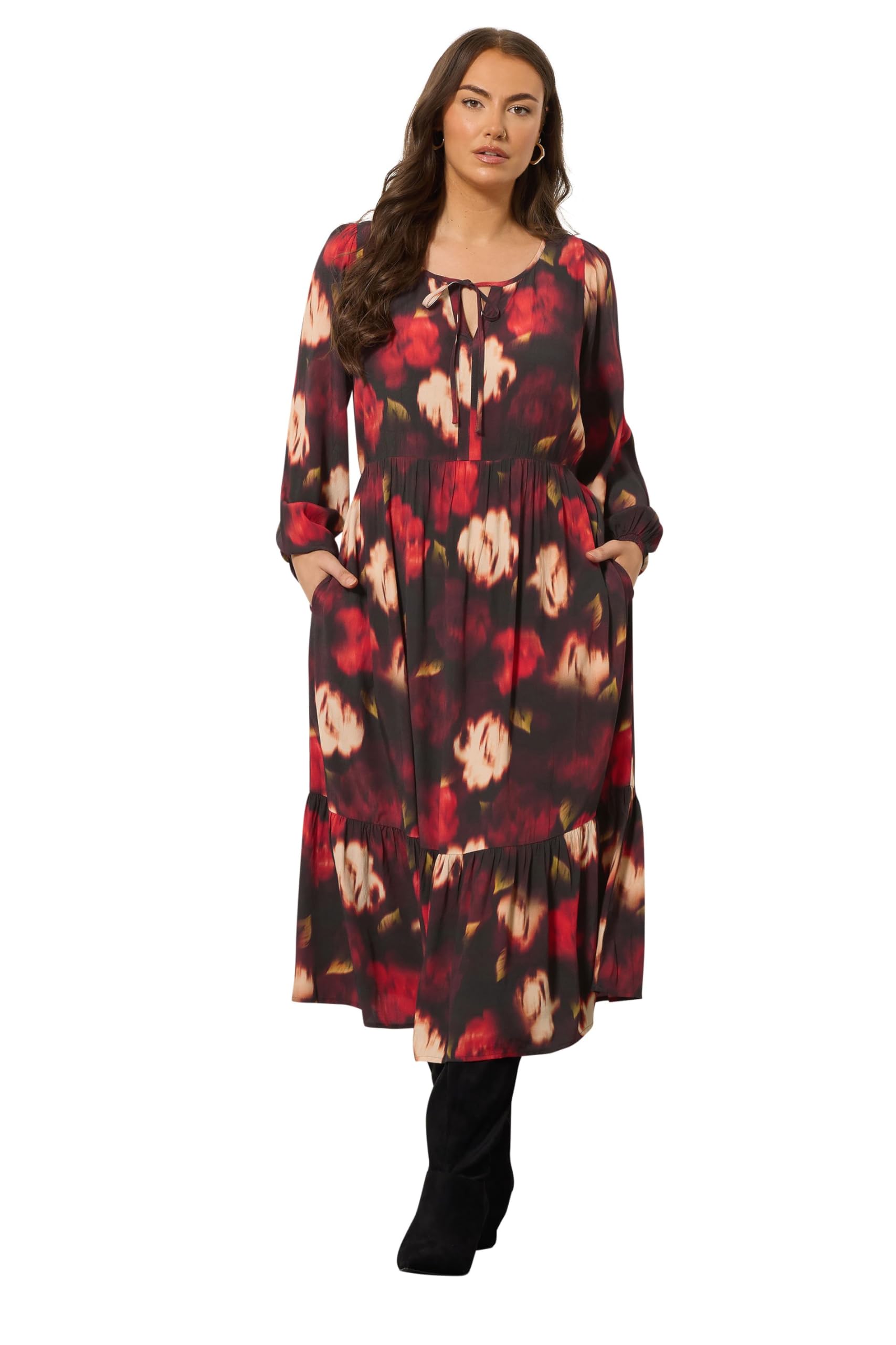 Evans Women's Black Curve Red Blurred Floral Tie Neck Tiered Dress - Plus Size Curve
