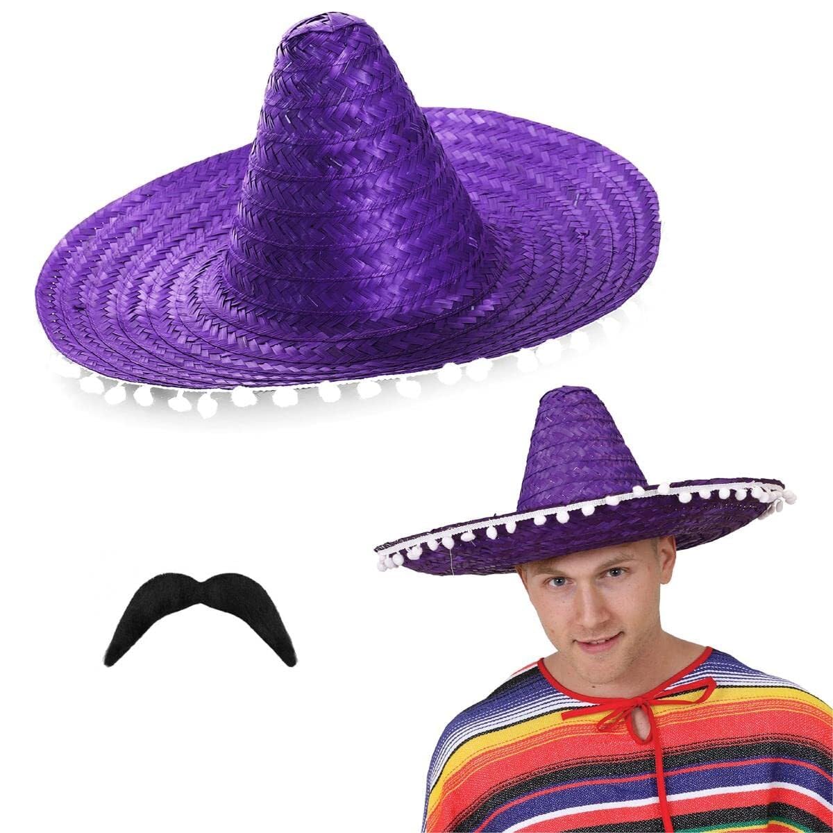 I LOVE FANCY DRESS Mexican Sombrero Accessory Set - Pack of 24 - Purple With White Pom Poms and Moustache - for Parties Fiesta Unisex