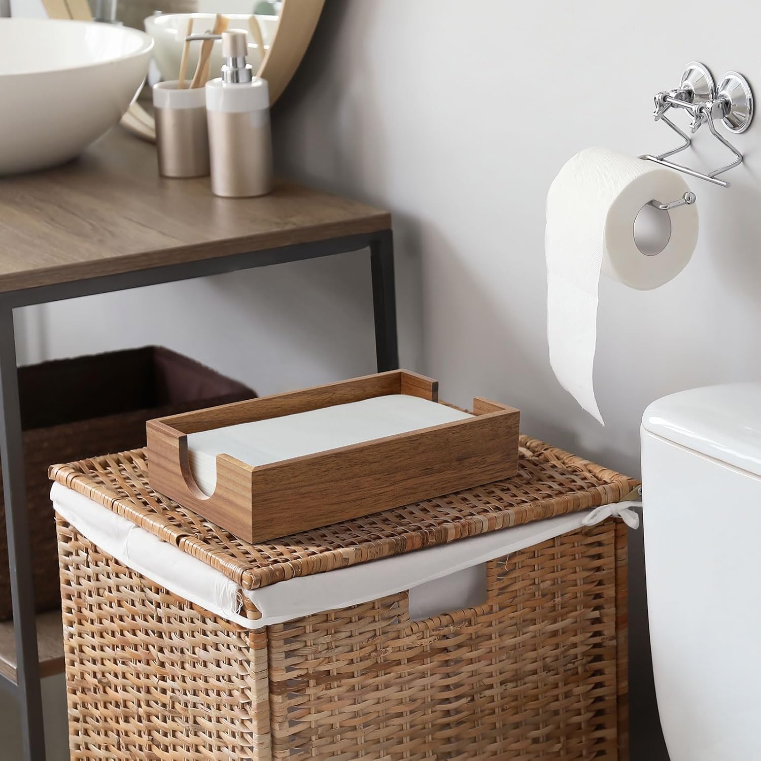 Napkin Holder for Bathroom, Acacia Wooden Guest Towel Holder Tray for Bathroom, Disposable Paper Hand Towel Holder for Bathroom Accessories, Dinner Napkin Holder for Kitchen Table Party - Image 6