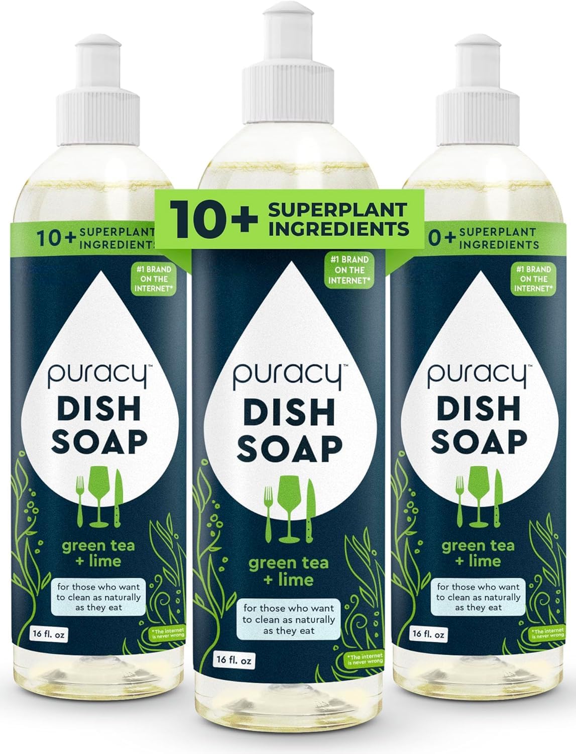 Puracy Natural Dish Soap Packs- Skin-Softening Plant-Based Dishwashing Soap, Non-Toxic Dish Soap, Organic Liquid Dishwashing Detergent Soap (Green Tea & Lime, 16 fl oz, 3 Pack)