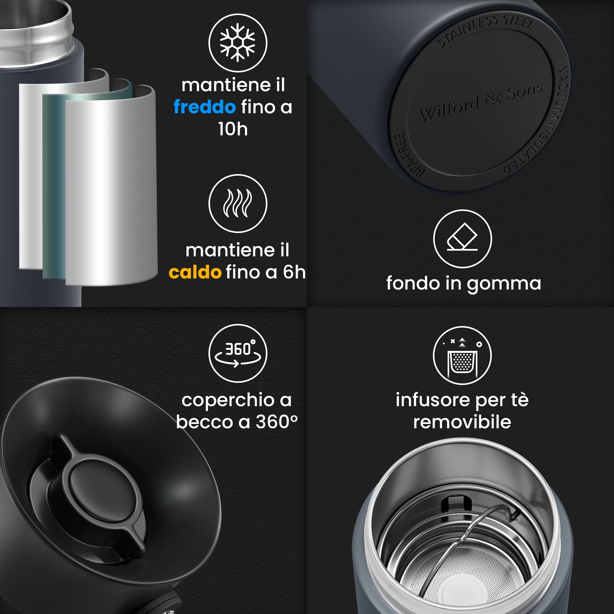 Tazza Termica In Acciaio Inox 500ml - Con Colino Rimovibile, Isolamento 12 Ore, Per Tè E Caffè, Blu Scuro - Foto 10