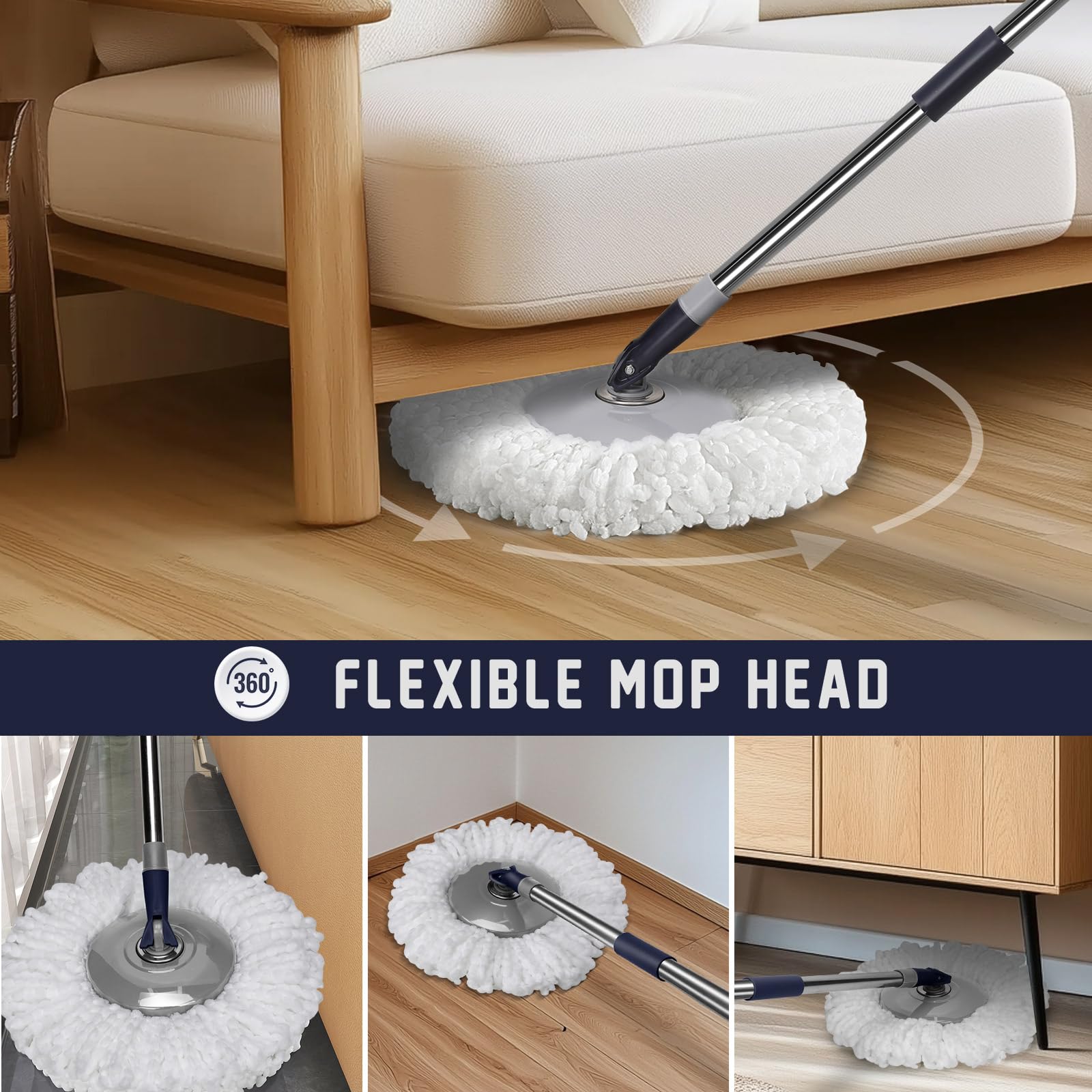 Masthome Spin Mop And Bucket Set, Mop Bucket With Wringer Set, 360° Spinning Mop With Stainless Steel Adjustable Handle Microfiber Mop With 3 Mop Heads For Home Commercial Use All Floor Types B0d97tzsqn