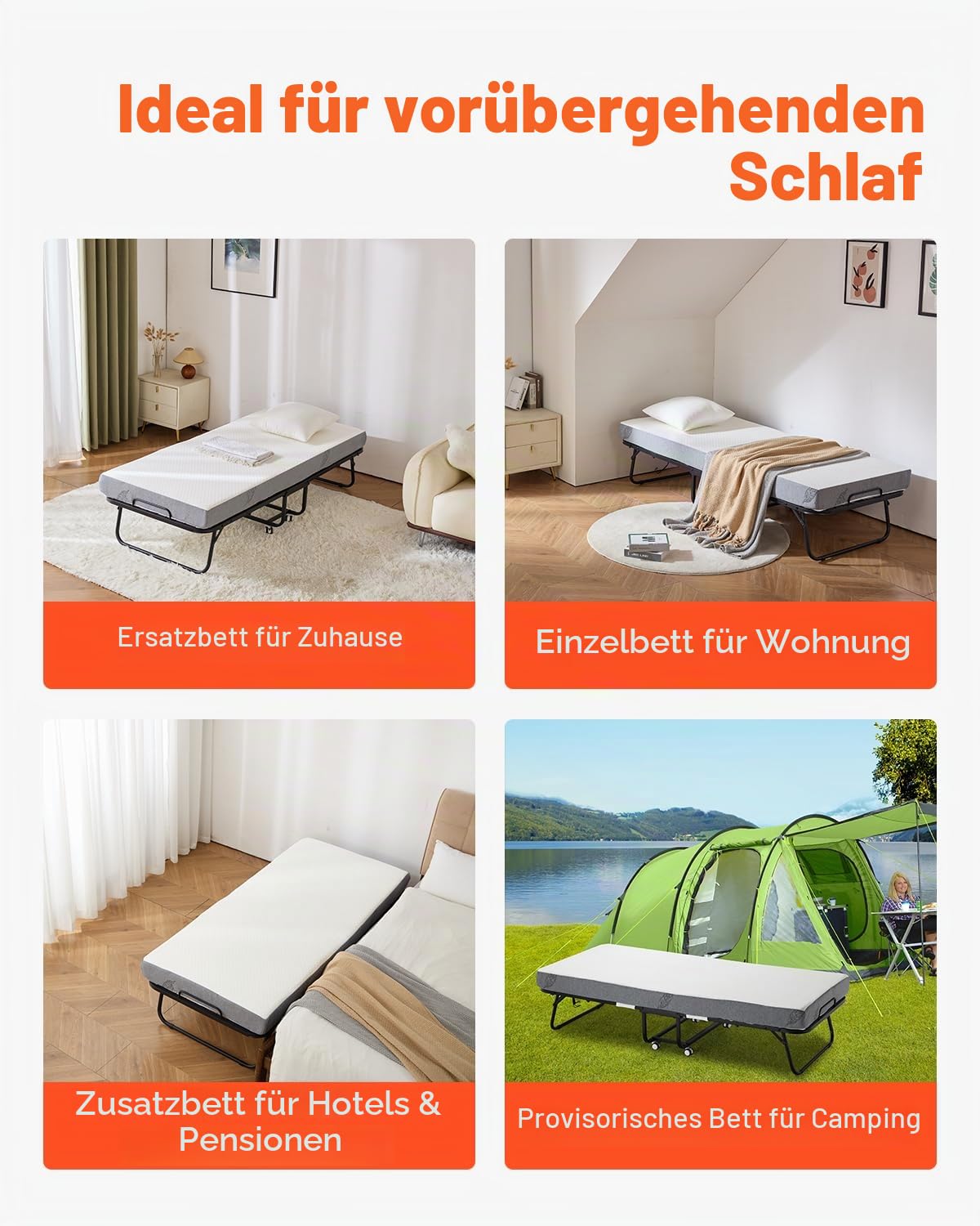 VEVOR Rollbett Klappbett mit 12,5 cm Matratze, faltbares Einzelbett mit Memory Foam-Matratze (190 x 81 cm), 136,1 kg belastbares Gästebett für Erwachsene, Metallbett für Schlafzimmer Wohnzimmer