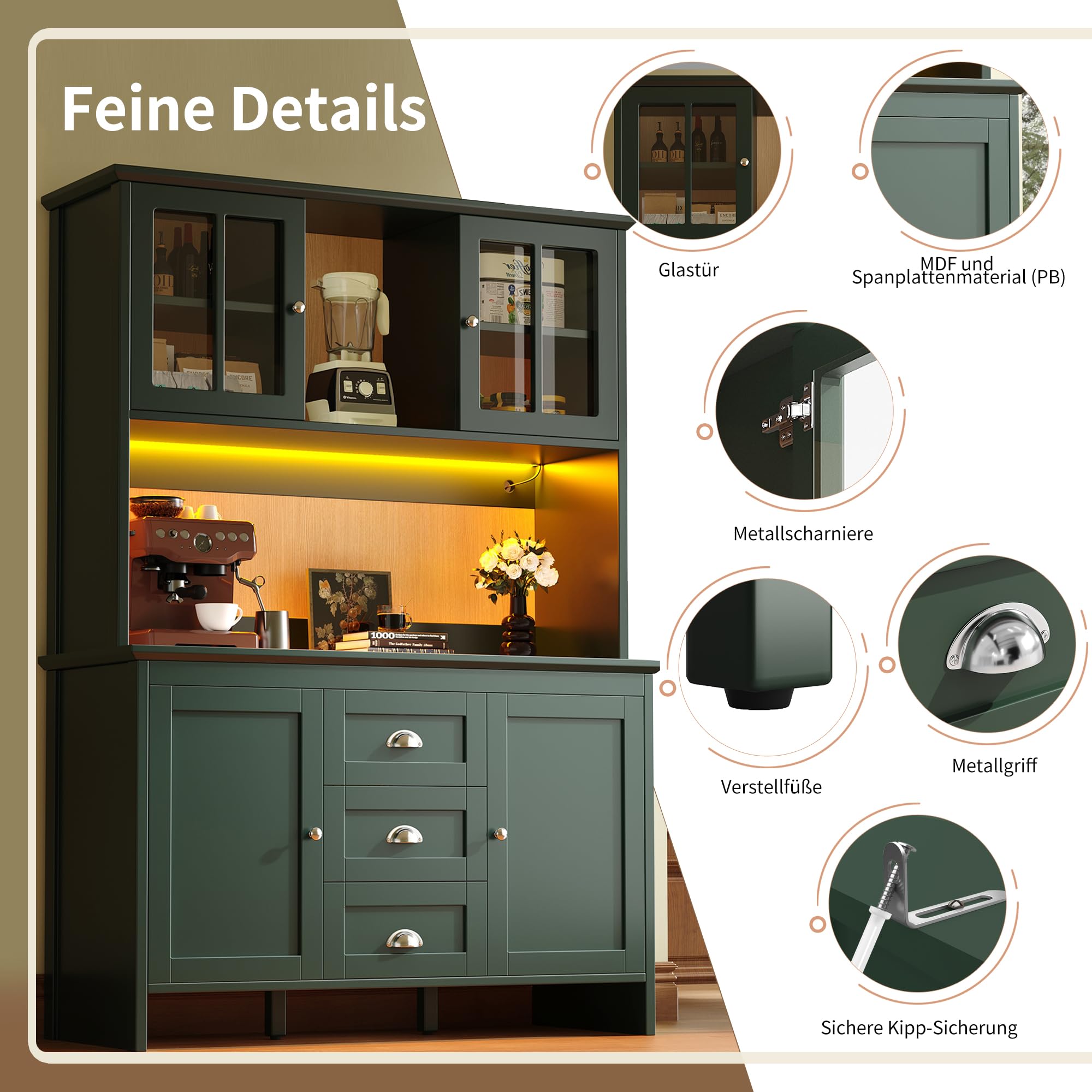 Armadio a buffet, alto da cucina, credenze, con ante in vetro marrone e illuminazione a LED, 4 ante e 3 cassetti, per cucina, sala da pranzo, 120 x 40 x 179 cm (verde)