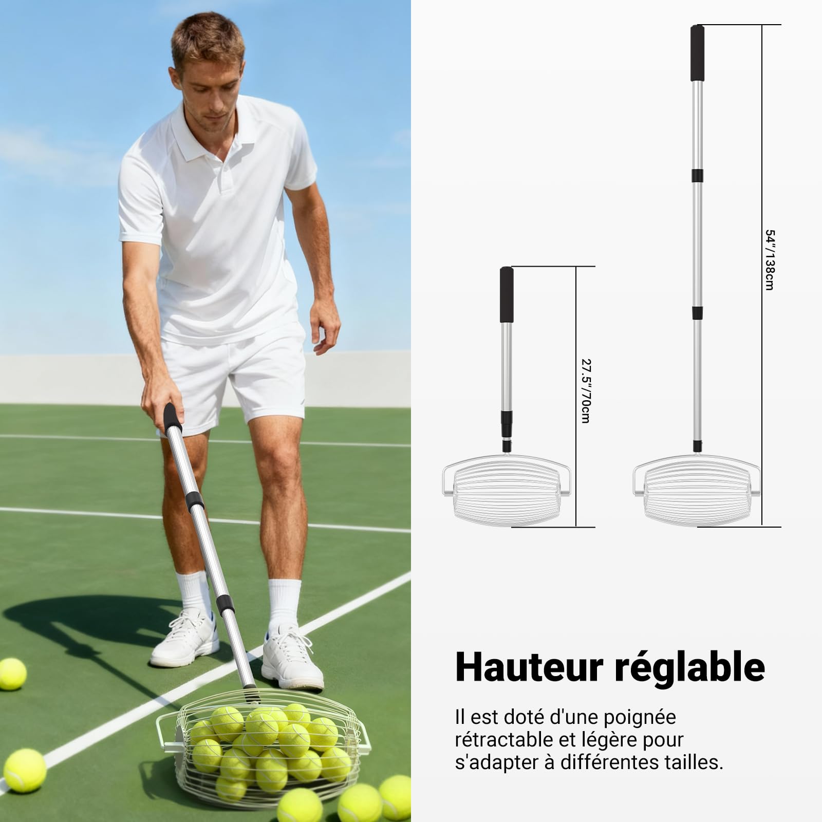 NEEWER BASICS Ramasseur de Balle de Tennis à Trémie Supérieure TB04S 70-138cm Télescopique pour 20 Balles
