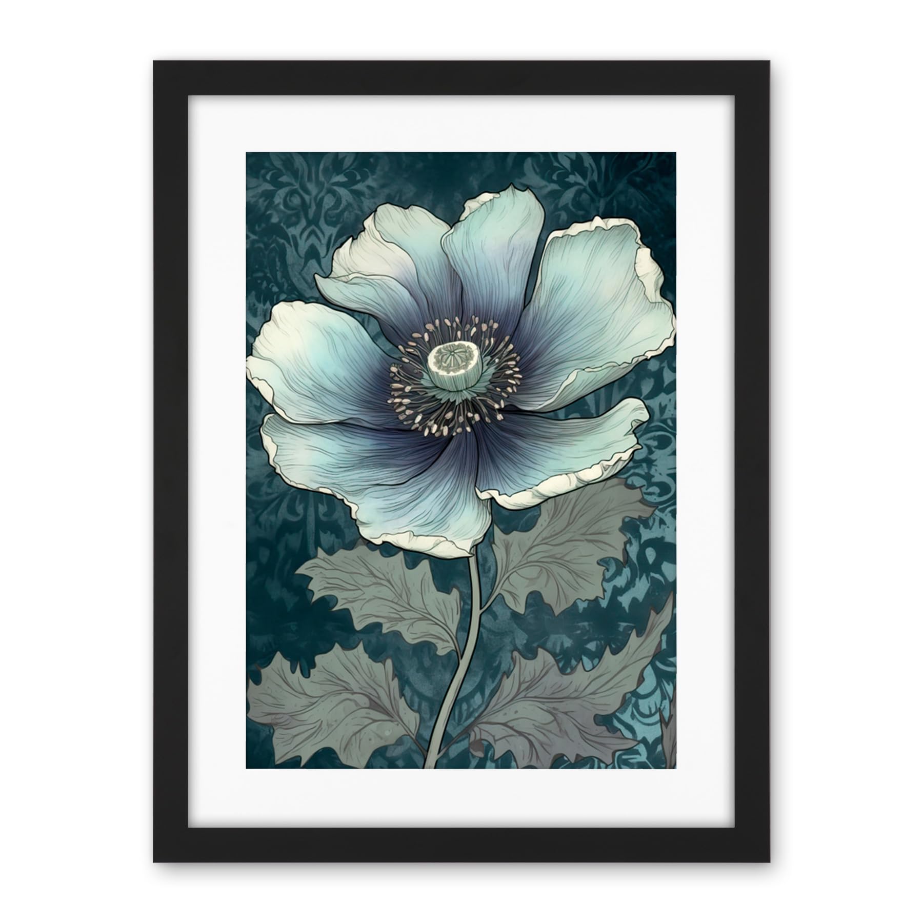 Artery8 Anemone Flower Bloom Teal Blue Watercolour Artwork Framed Wall Art Print 18X24 Inch