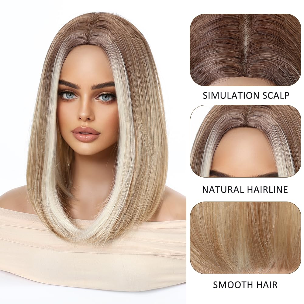 Esmee Krótka Prosta Blond Bob Peruka dla Kobiet Naturalne Syntetyczne Włosy Ombre Peruki z Brązowymi Korzeniami Cosplay Codzienne Użycie Imprezy -14 Cali