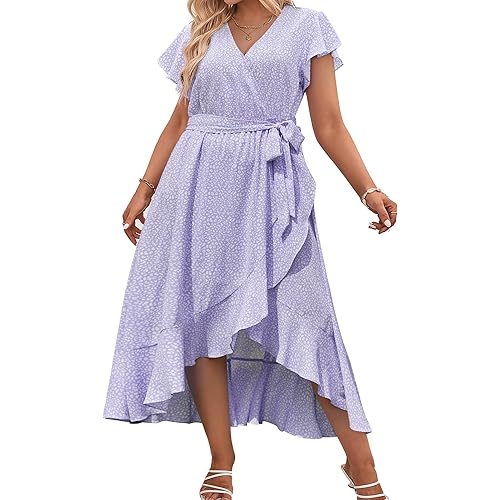 IN'VOLAND Plus Size Womens Floral Summer Dress Casual Wrap V Neck Short Sleeve Belted Beach Bohemian Maxi Dress