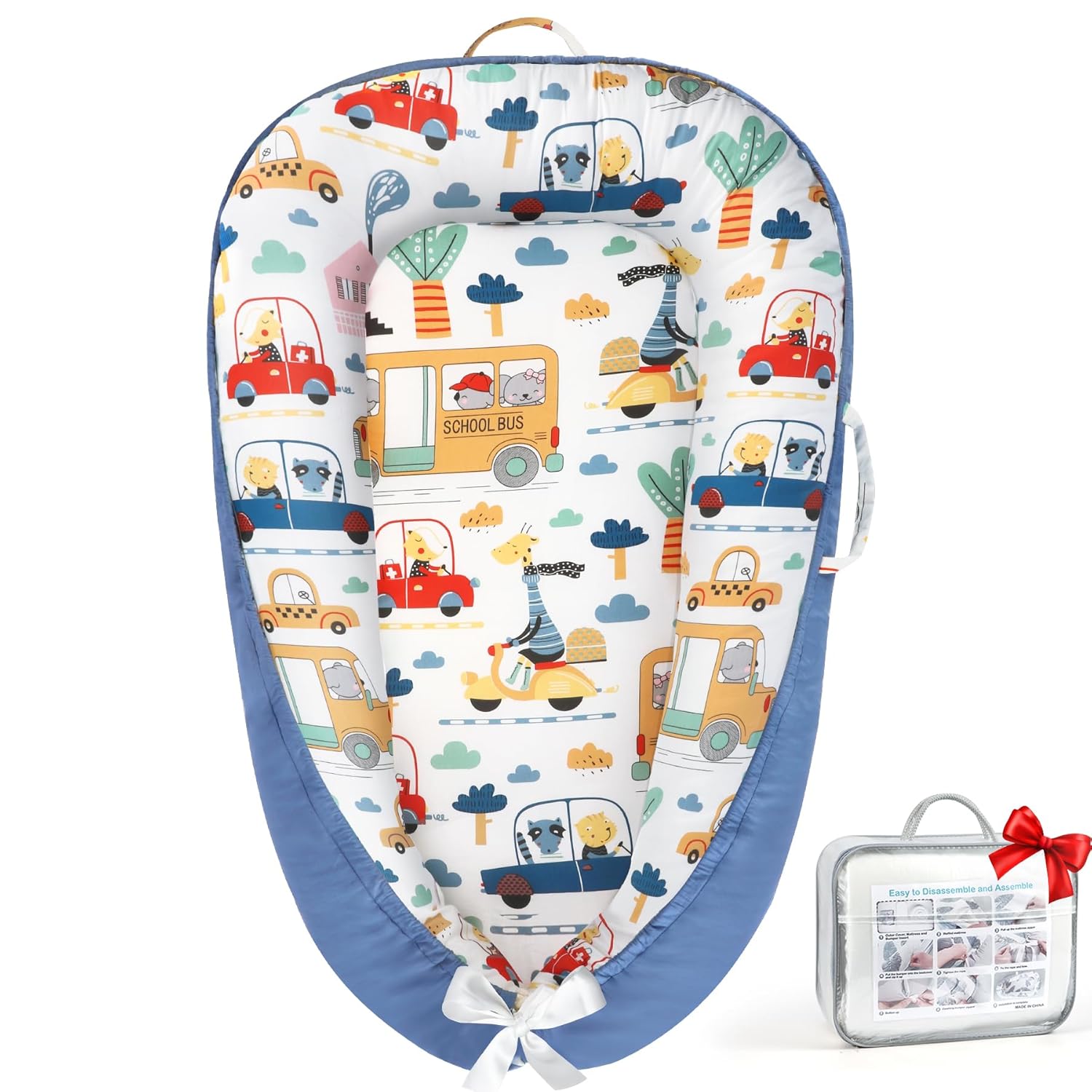 Baby Lounger - Baby Lounger for Newborn 0-24 Months, Breathable Pure Cotton Baby Nest Lounger Cover, Baby Registry Newborn Essentials Gifts, Portable Floor Tummy Time Lounger for Home & Travel Blue Car