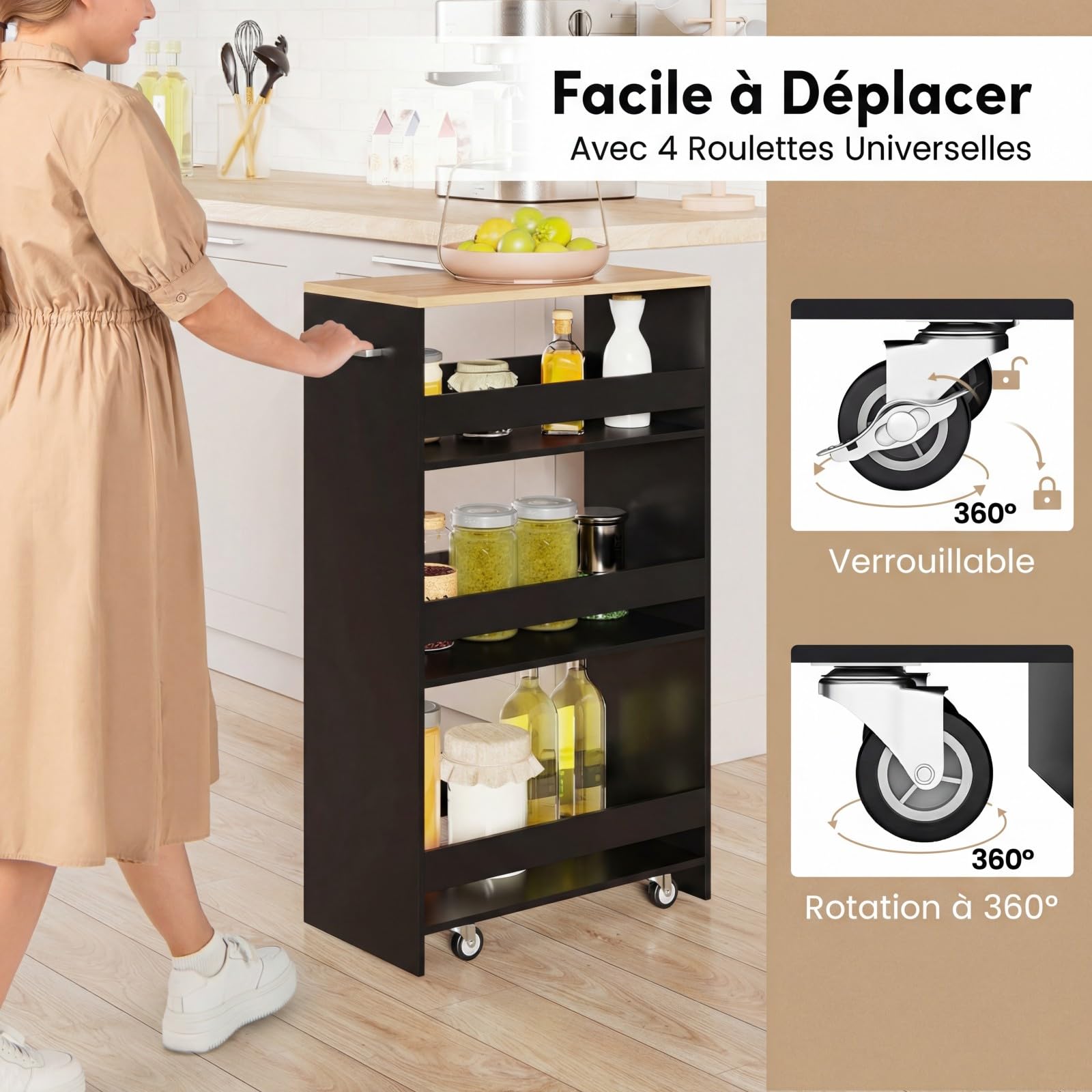 COSTWAY Chariot de Rangement Fin 25 cm, Desserte à 4 Niveaux avec roulettes, Étagère de Cuisine avec Poignée Latérale et Roues Universelles avec Freins, Design Étroit, Noir + Naturel