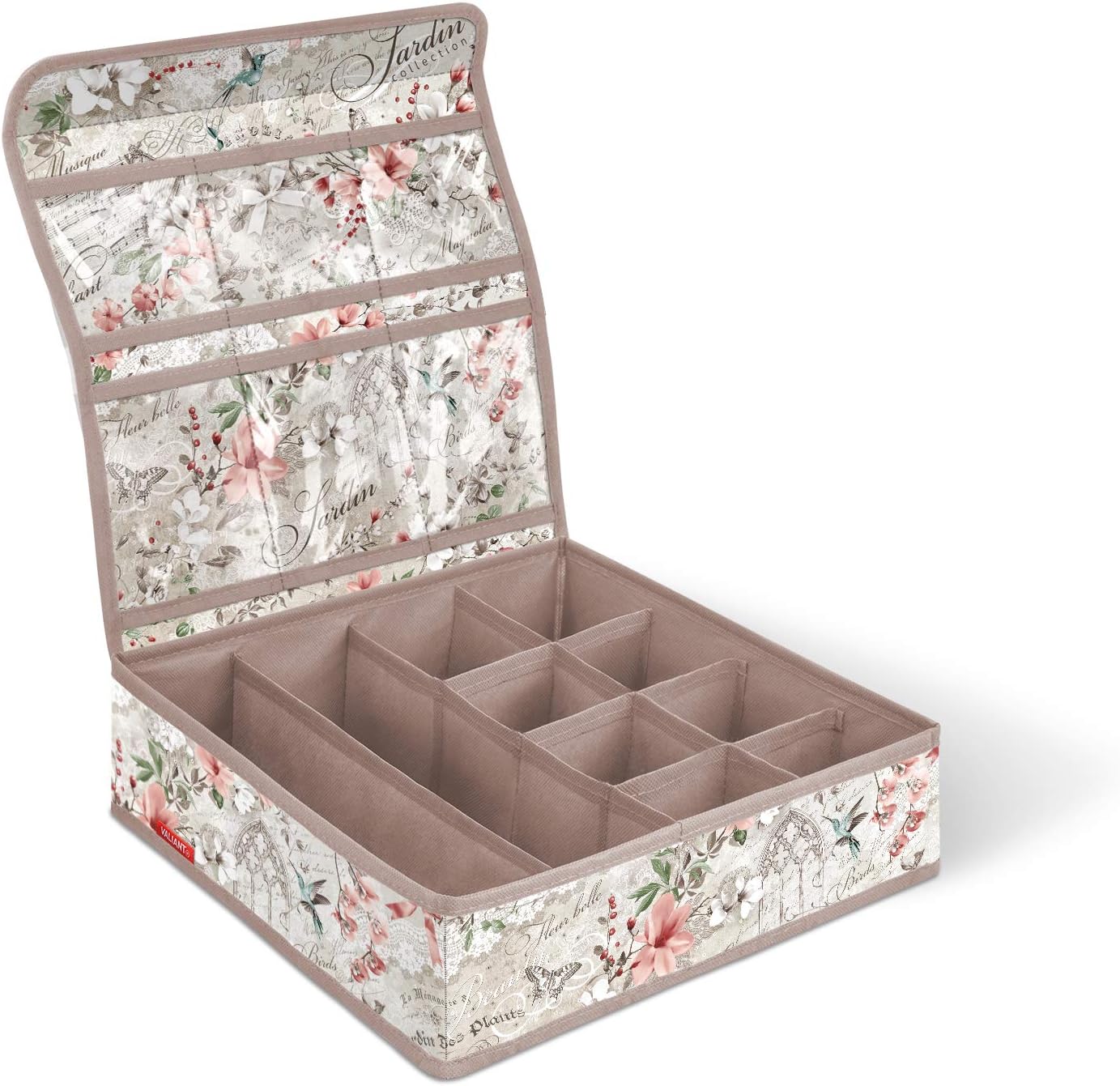 VALIANT Jardin Ten Compartments Foldable Cloth Underwear Lingerie Accessories Functional Cover with Six Transparent Pockets Storage Box Dresser Drawer Organizer Powder Pink Color 13x13x5 in