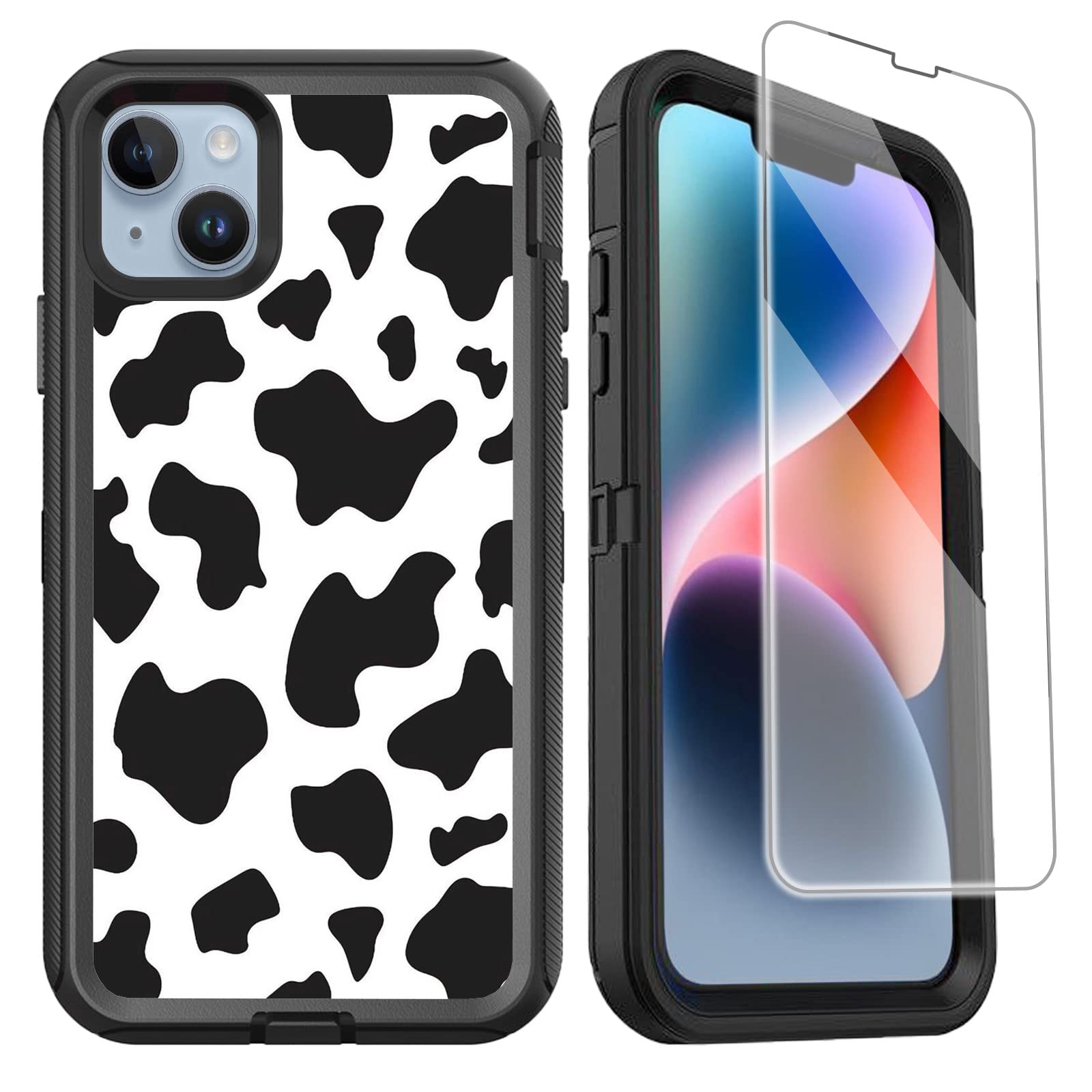OTTARTAKS Compatible for iPhone 14 Plus Case with Screen Protector for Women Girls Cow Print Cute Luxury 3-Layer Heavy Duty Shockproof Protective Case