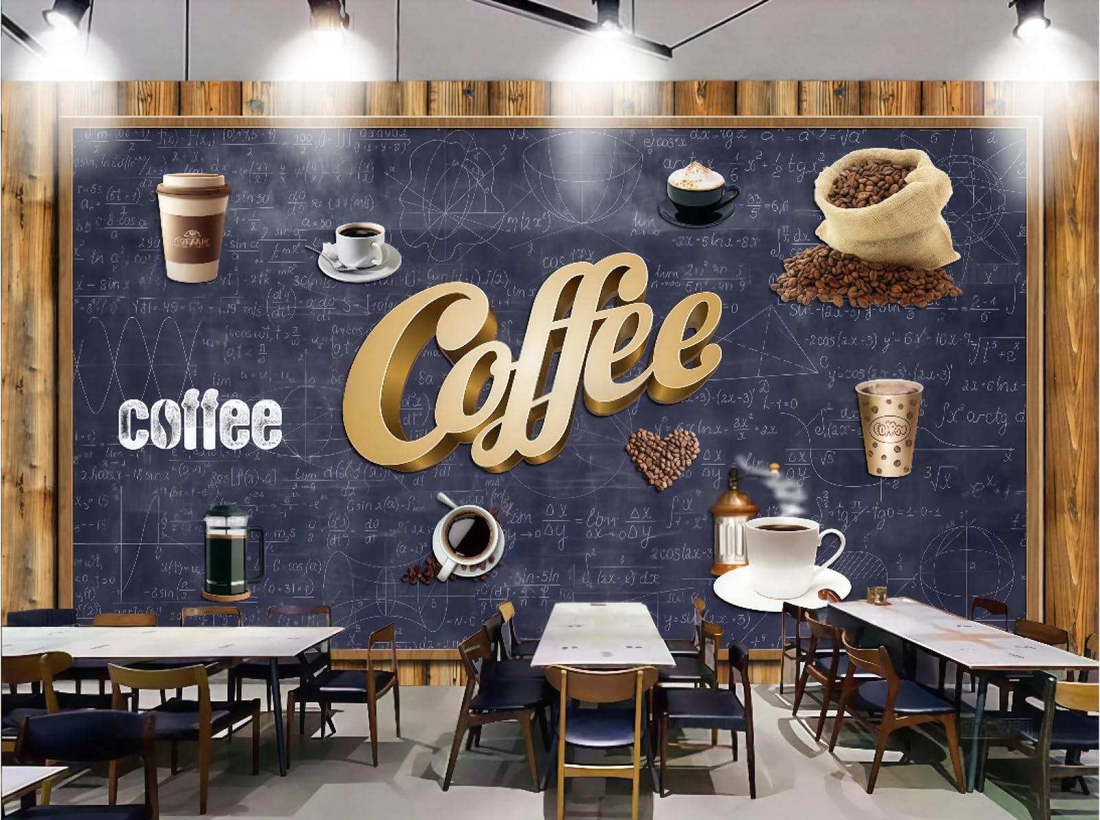 XDOUBAO Wallpaper Retro Wooden Board Hand-Painted Blackboard Newspaper Coffee Theme Afternoon Tea Western Restaurant Background Wall Wallpaper Coffee Shop Mural,3D,430x300cm