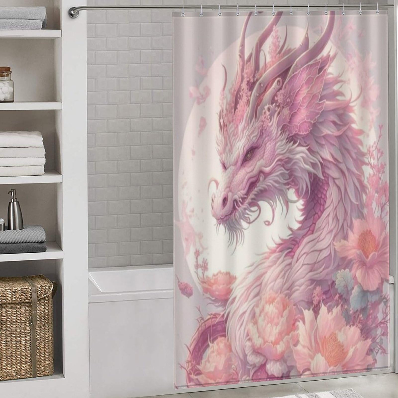 Rideau de douche dragon pour salle de bain familiale avec ses 12 crochets