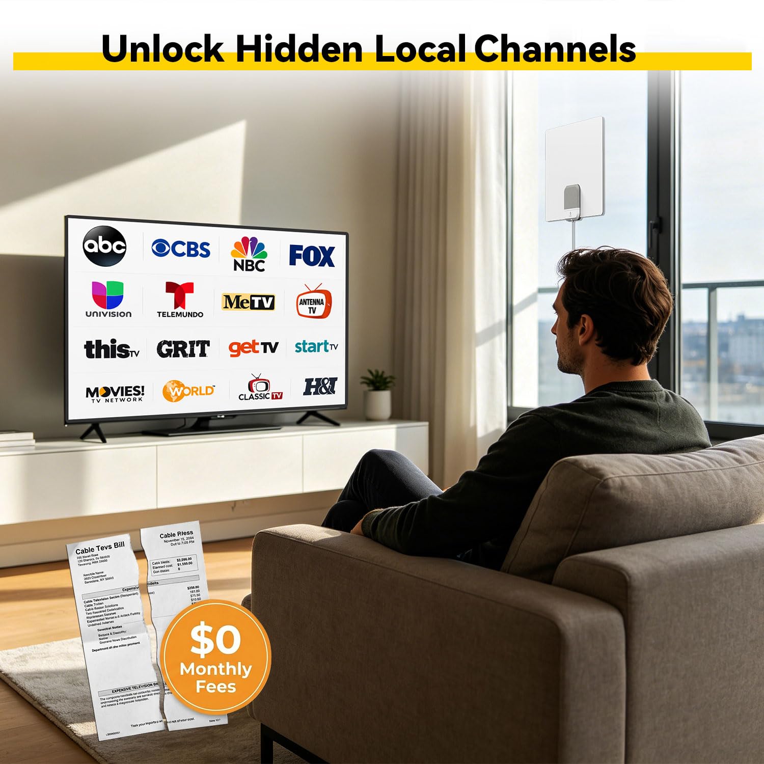 Antena de TV para interiores 2026, antena HDTV amplificada con recepción de 75 millas, cable de 16 pies, amplificador de señal USB, ATSC 3.0, Smart TV 4K 1080p, VHF UHF, ultra delgada, canales locales