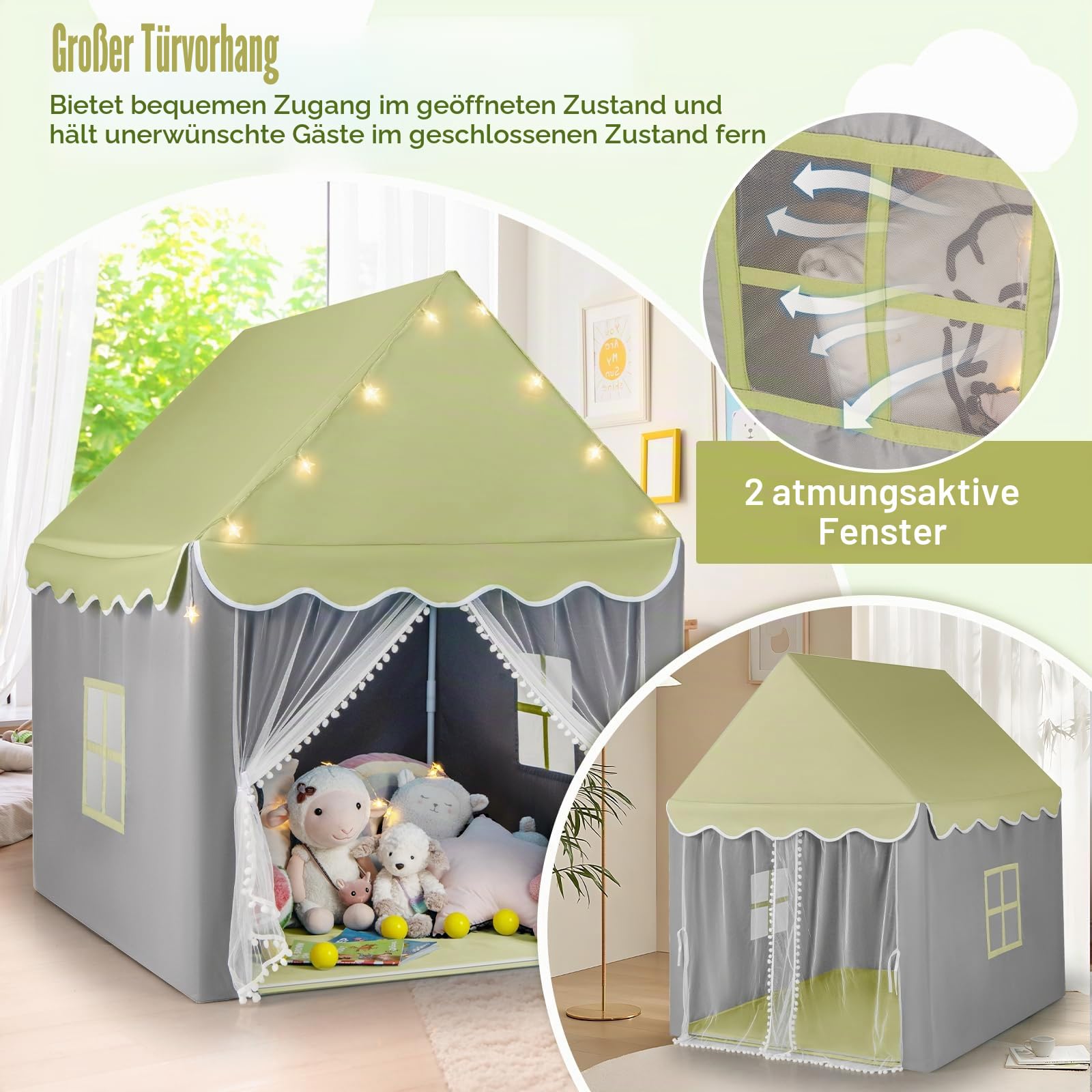 HOMASIS Kinderzelt für Indoor, Spielhaus mit Matte & Sternlichtern & Fenstern & doppeltem Vorhang, Kinder Spielzelt Prinzessin Kinderspielzelt Bettzelt für Mädchen & Jungen (Grün, Warmes Licht)