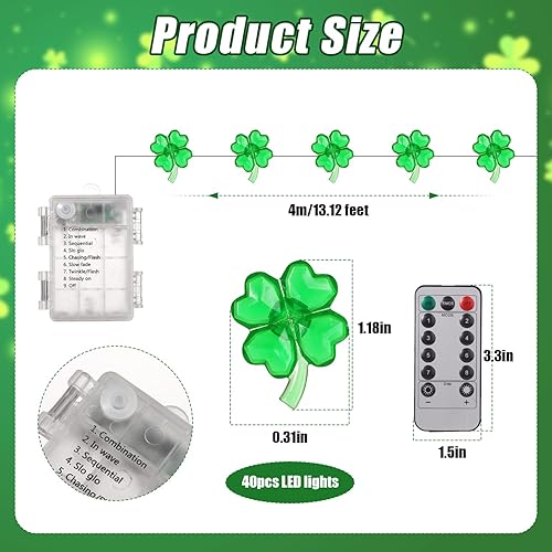 Miniatura 2 de Guirnalda de luces de 13.12 pies para el día de San Patricio con control remoto, funciona con pilas, luces de trébol verde de 4 hojas, 40 luces LED