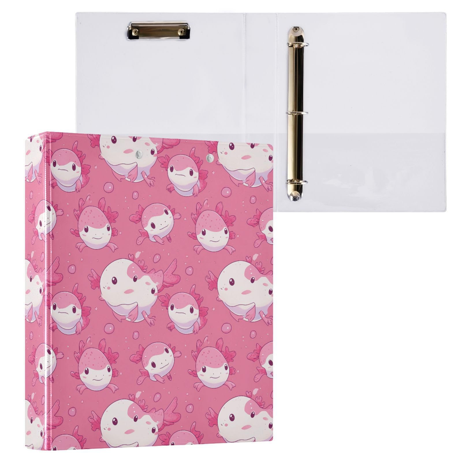 Cute Axolotl & Purple Plants 3-Ring Binder – 1.5 Inch, With Clipboard & PVC Pockets, Holds 200 Sheets