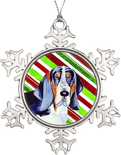 Basset Hound - Adorno de Navidad con diseño de bastón de caramelo, copo de nieve de metal, decoración para árbol de Navidad