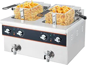 GarveeHome High-End Tabletop Fryer with Oil Drain Valve, Double-Cylinder, 16L Oil Capacity, 120V, 1800W+1800W, Timer, 201 Stainless Steel Frying Basket