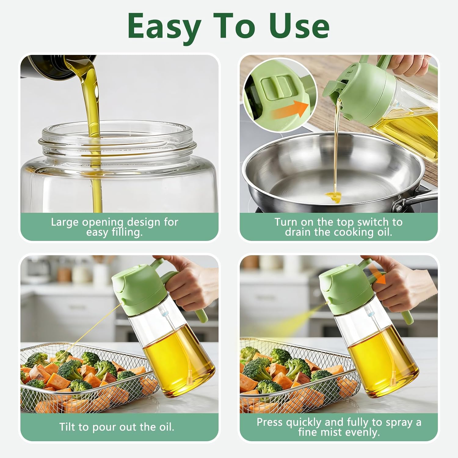 Oil Sprayer for Cooking, 2-in-1 Oil Mister & Dispenser Bottle for Air Fryer, Salad, BBQ, Kitchen Gadgets Accessories(Green)