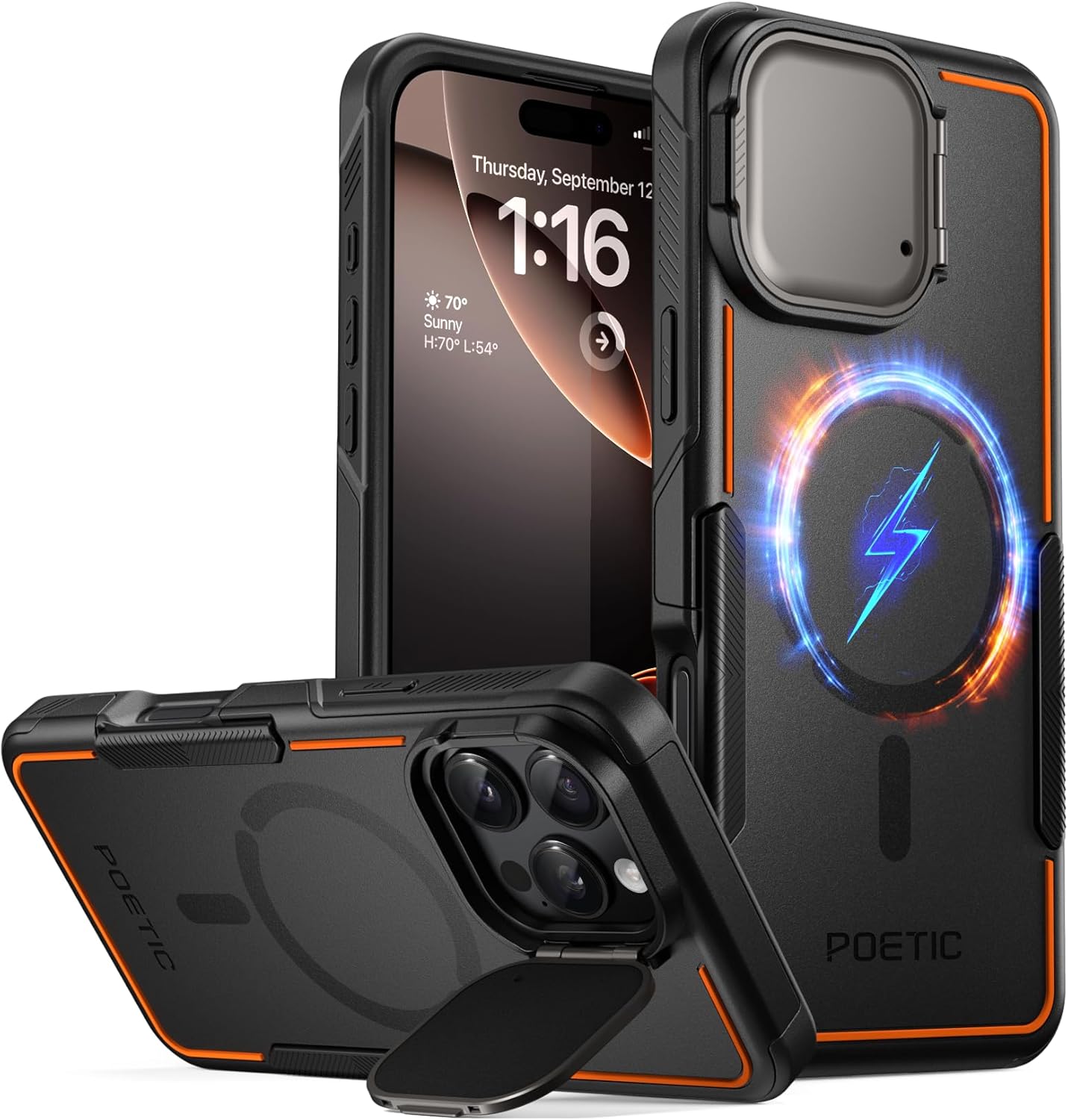 Poetic Neon Case Compatible with iPhone 16 Pro Max, [Built-in Camera Cover Kickstand] [Compatible with MagSafe] Dual Layer Slim Shockproof Protective Cover Black