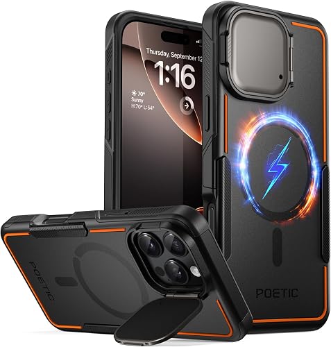 Poetic Neon Case Compatible with iPhone 16 Pro Max, [Built-in Camera Cover Kickstand] [Compatible with MagSafe] Dual Layer Slim Shockproof Protective Cover Black