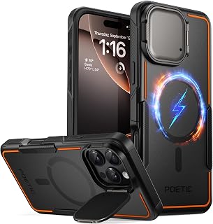 POETIC Neon Hülle Kompatibel mit iPhone 16 Pro Max, [Eingebaute Kamera-Abdeckung Ständer] [Kompatibel mit MagSafe] Dual Layer Slim Stoßfest Schutzhülle Schwarz