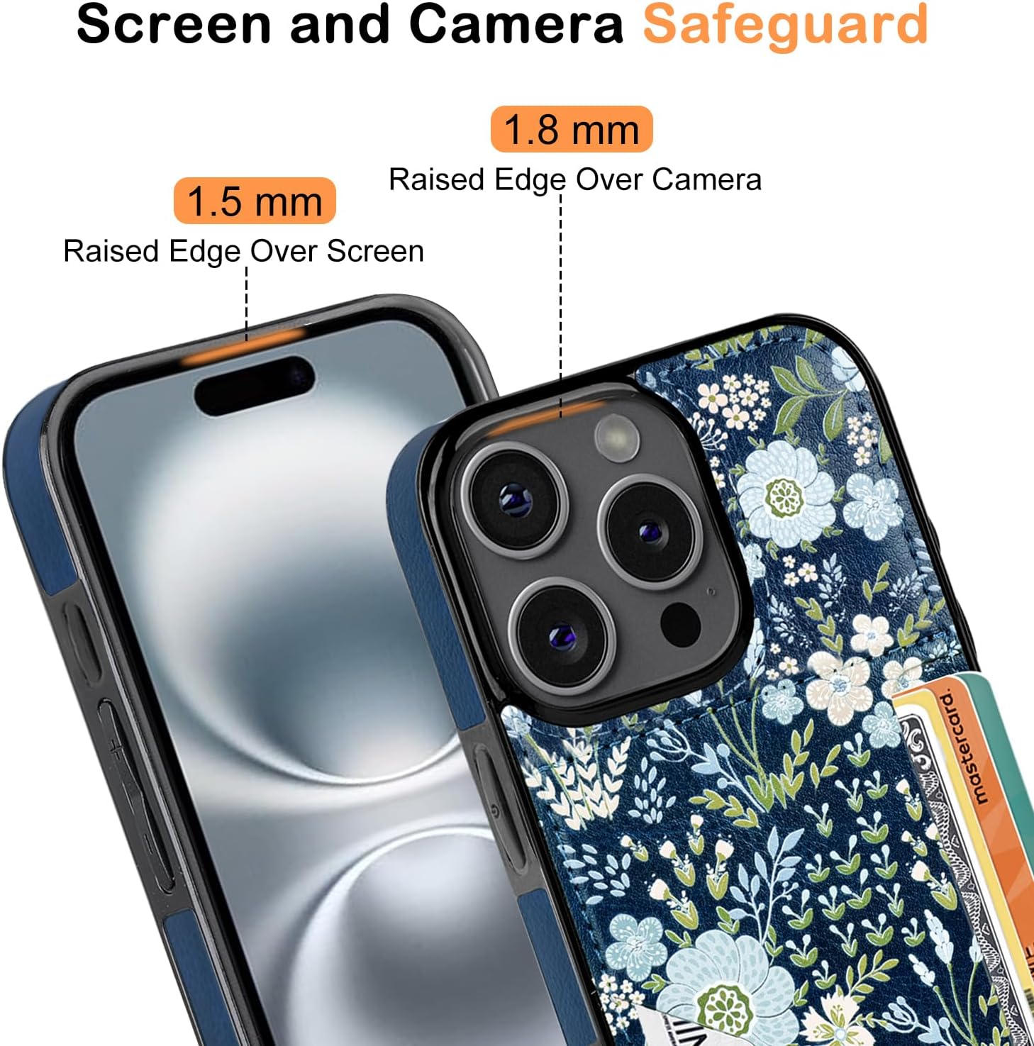 uCOLOR for iPhone 16 Pro Case with Card Holder- Slim Leather Wallet Case Credit Card Holder Moneymate Protective Hidden Card Slot Cover for Women Man 6.3"(Blue Daisy, iPhone 16 Pro) - Image 5