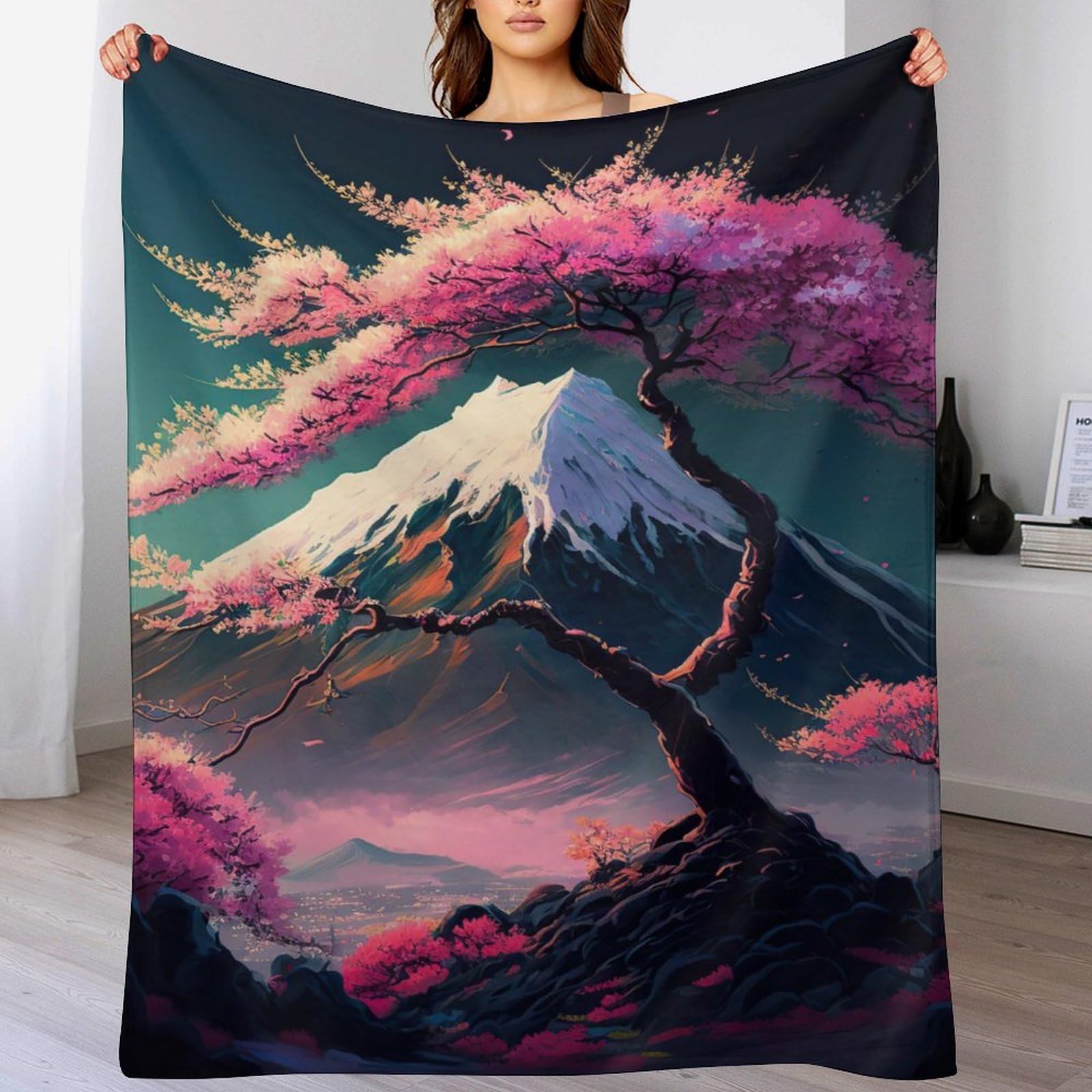 Aaswdfr Japanese Cherry Blossoms Flannel Throw Blanket, Soft Warm, Lightweight Plush Blankets For Bed Sofa Couch Travel Nap 150×200Cm
