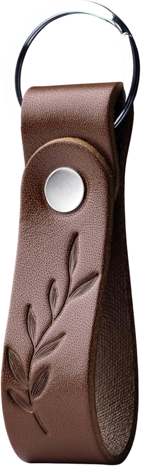 MAGOR Full-Grain Leather Keychain, Personalized Brown Leather Key Ring, Hot Embossed Car Keychain, Gift for Him & Her
