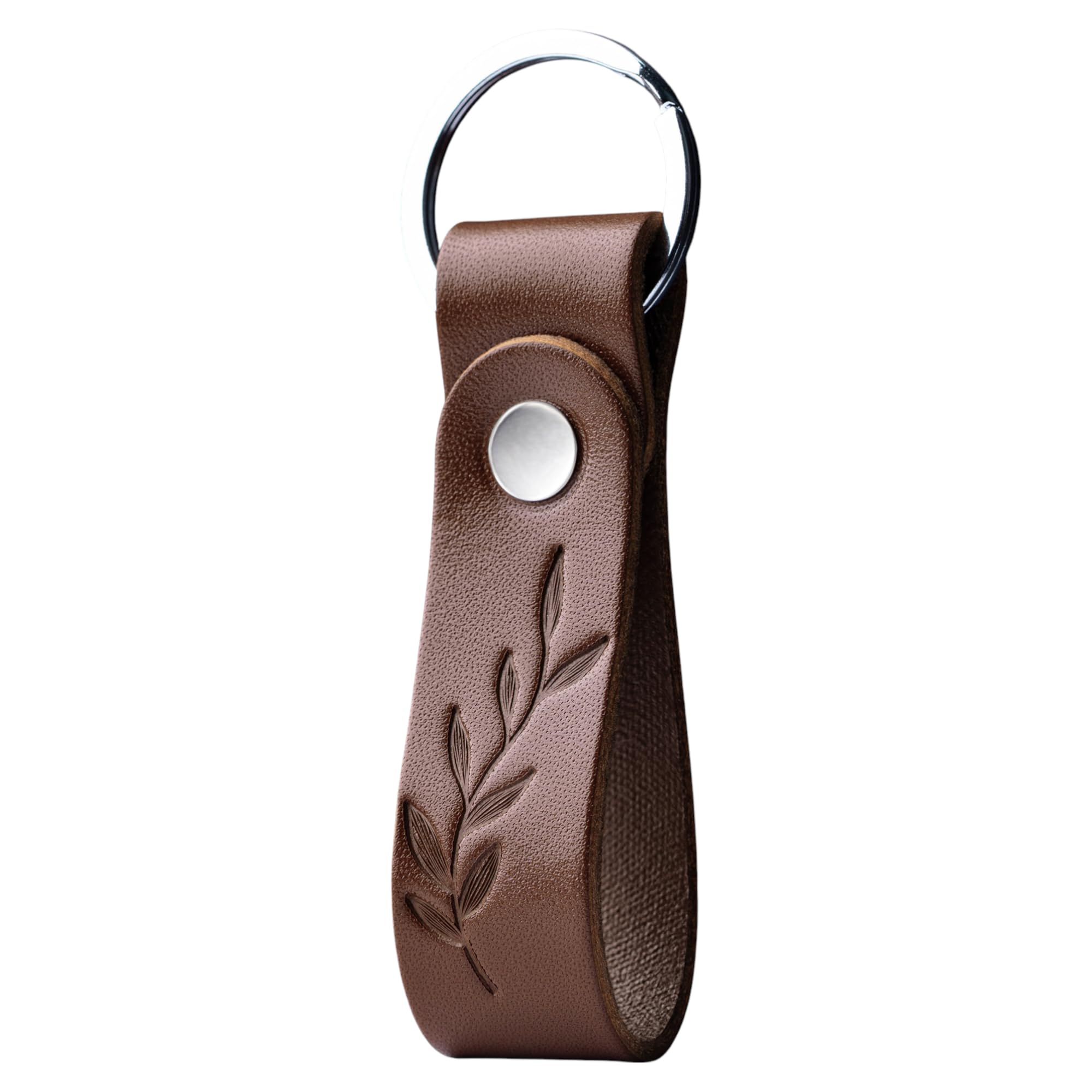 MAGOR Leather Keyring with Hot Embossed Design for Men & Women, Personalised Brown Leather Key Ring Gift for Him, Her, Mum & Dad, Premium Accessory for Car or Home Keys (Flower)