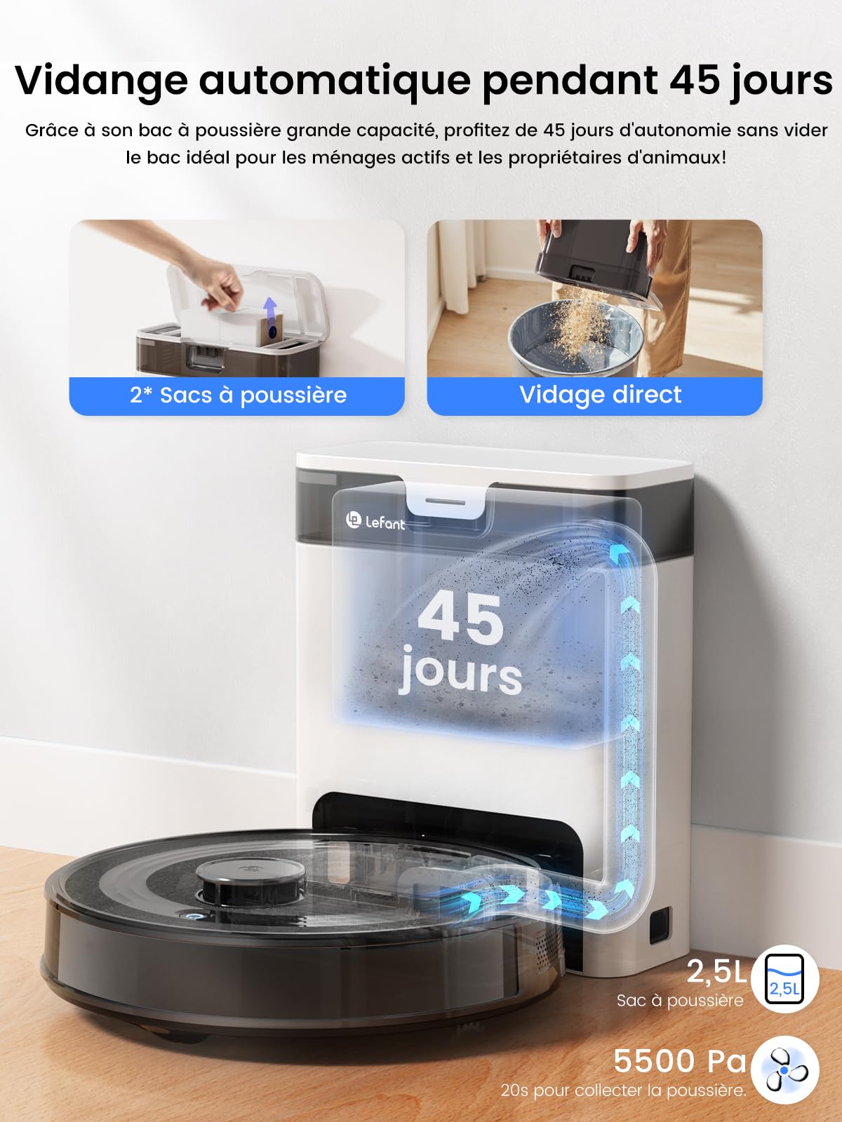 Lefant M2 Pro Robot Aspirateur Laveur 6000Pa avec Station Vidage Automatique Poussière,Navigation Laser avec Cartographie,Nettoyage Personnalisé, Évitement d'obstacles PSD, Idéal pour Poils d'animaux