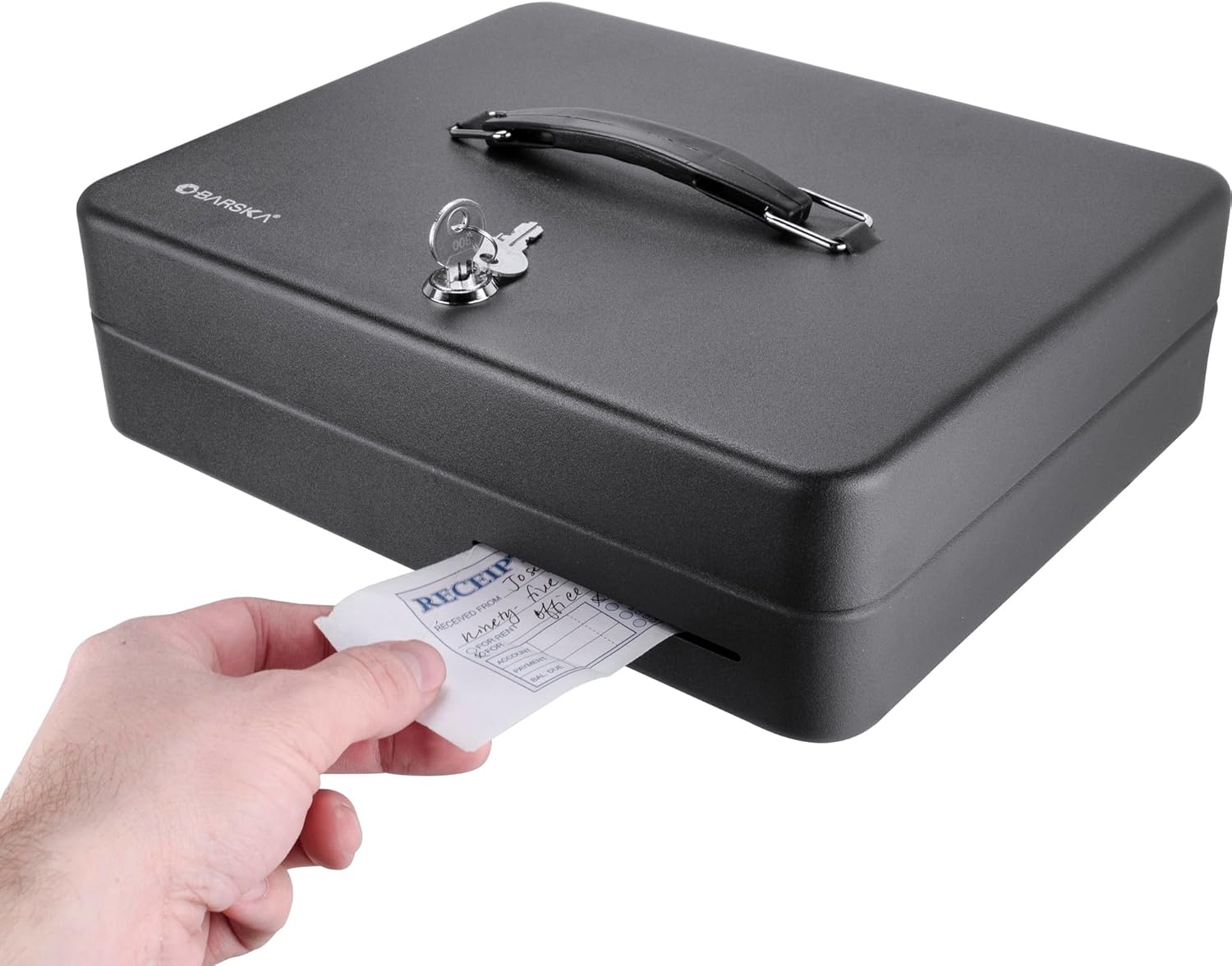Barska 12-Inch Fold Out Cash Box with Key Lock – Drop Slot, 4 Bill Compartments, 5 Coin Tray Sections, Steel Construction, Portable Money Box Home, Office, Events - Cash Box with Money Tray and Lock