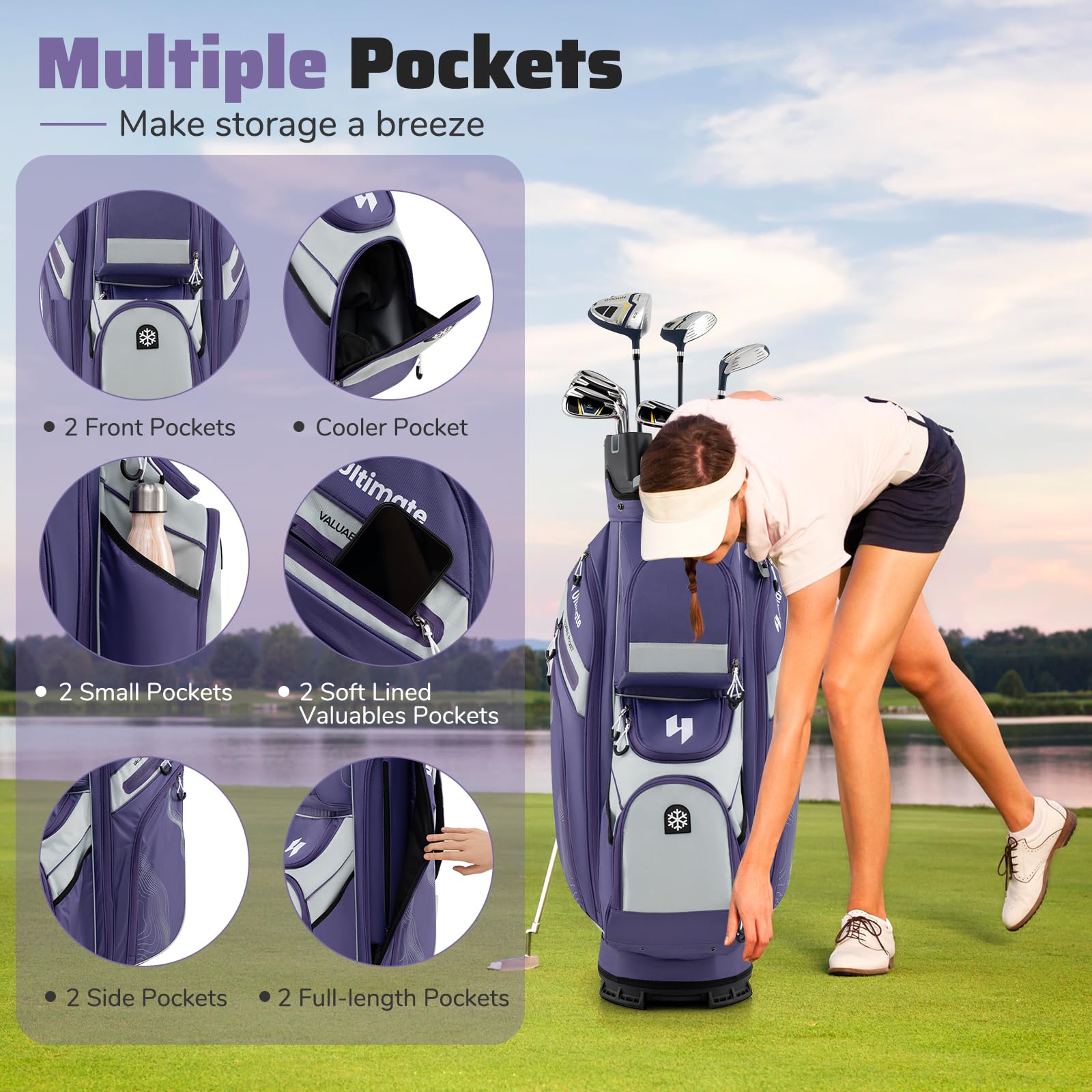 LIFEZEAL Golftasche, Golf Cart Bag mit 14 Trennwänden, Golfschlägertasche mit 11 Taschen, Tragbarer Golfbag mit Gurt, Griffe, Regenschirm-Halterung