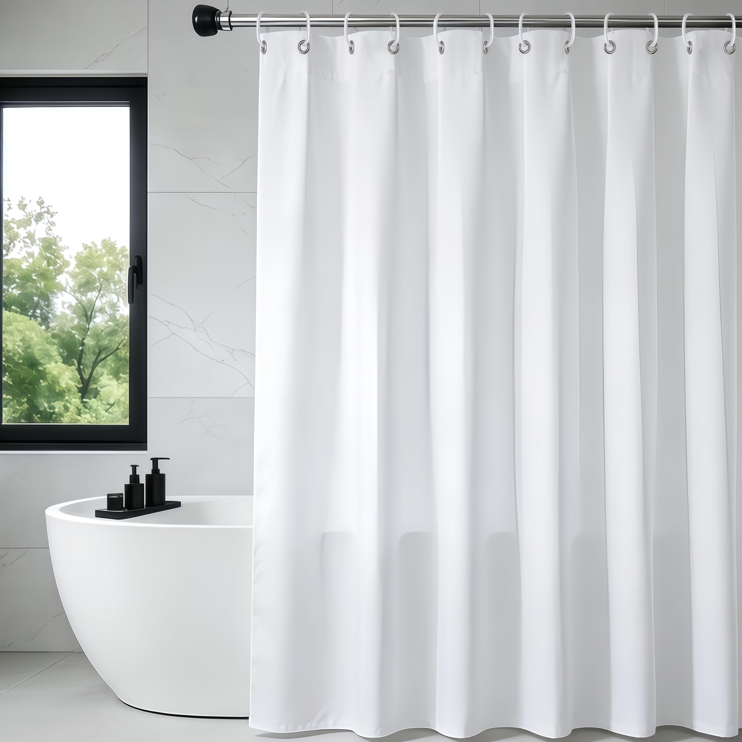 FAIRYGATE White Shower Curtain with Hooks Water and Mould Resistant Fabric Machine Washable Bathroom Curtains 180 x 180 cm B8123
