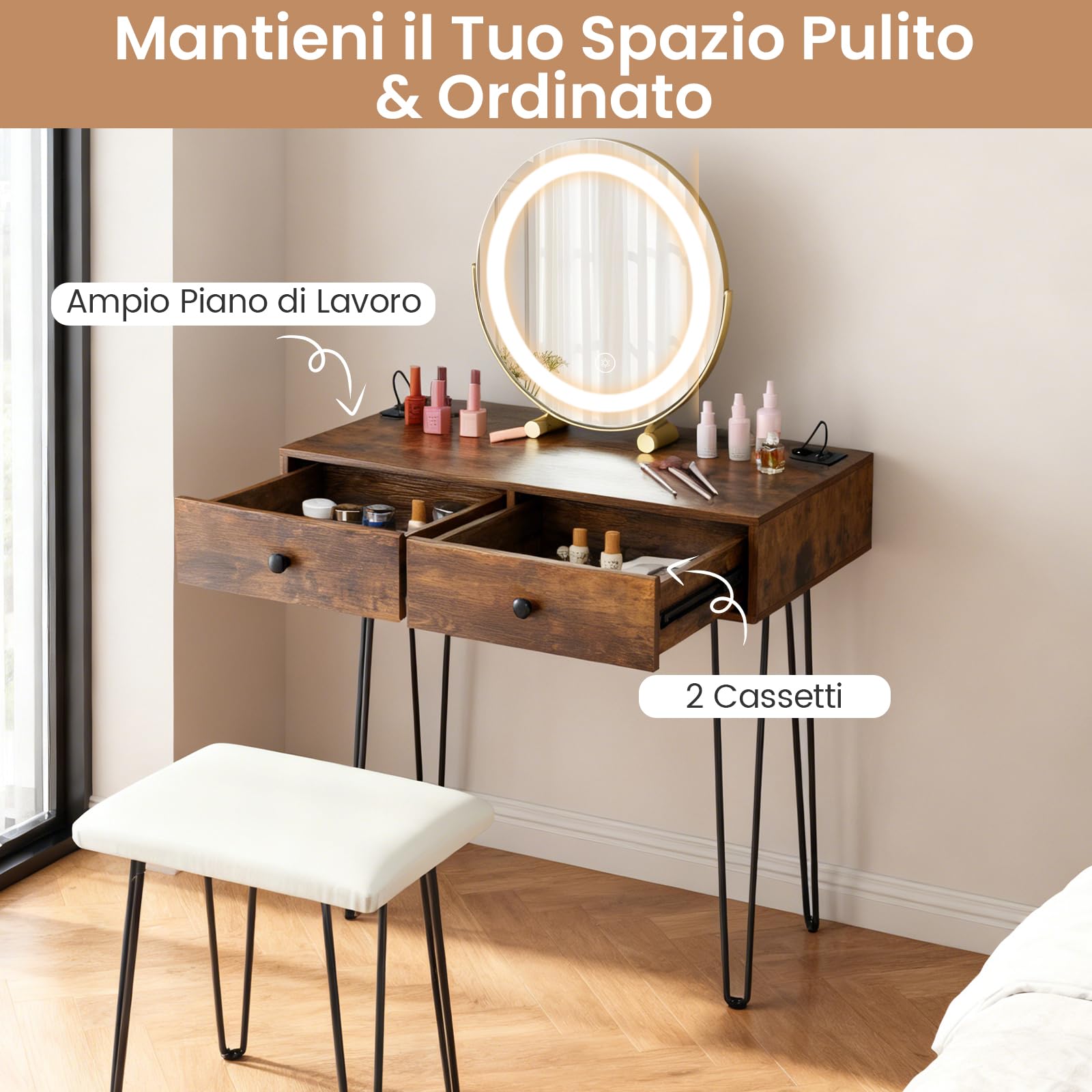 COSTWAY Toeletta Trucco con Specchio e Luci, Tavolo Trucco con Specchio Regolabile, Stazione di Ricarica Integrata, 2 Cassetti, Sgabello Imbottito, per Soggiorno Camera da Letto