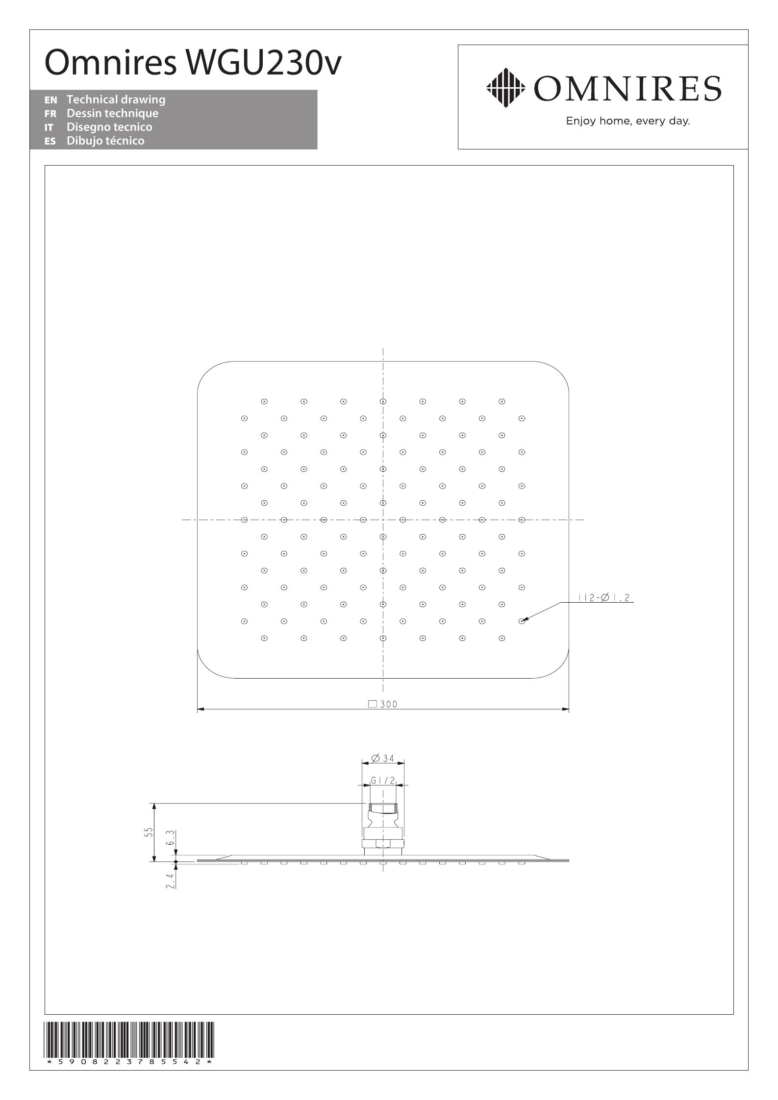 Omnires WGU230CR, deszczownica, 30 x 30 cm ULTRA SLIMLINE, chromowana