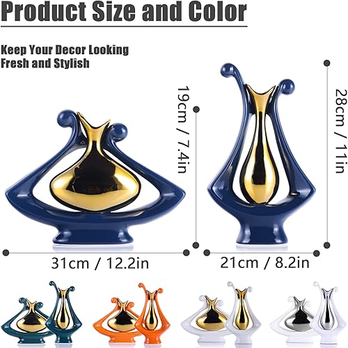 Miniatura 2 de Jarrones modernos para decoración, jarrón de cerámica azul con decoración dorada, jarrones decorativos para el hogar para flores, jarrón azul dorado