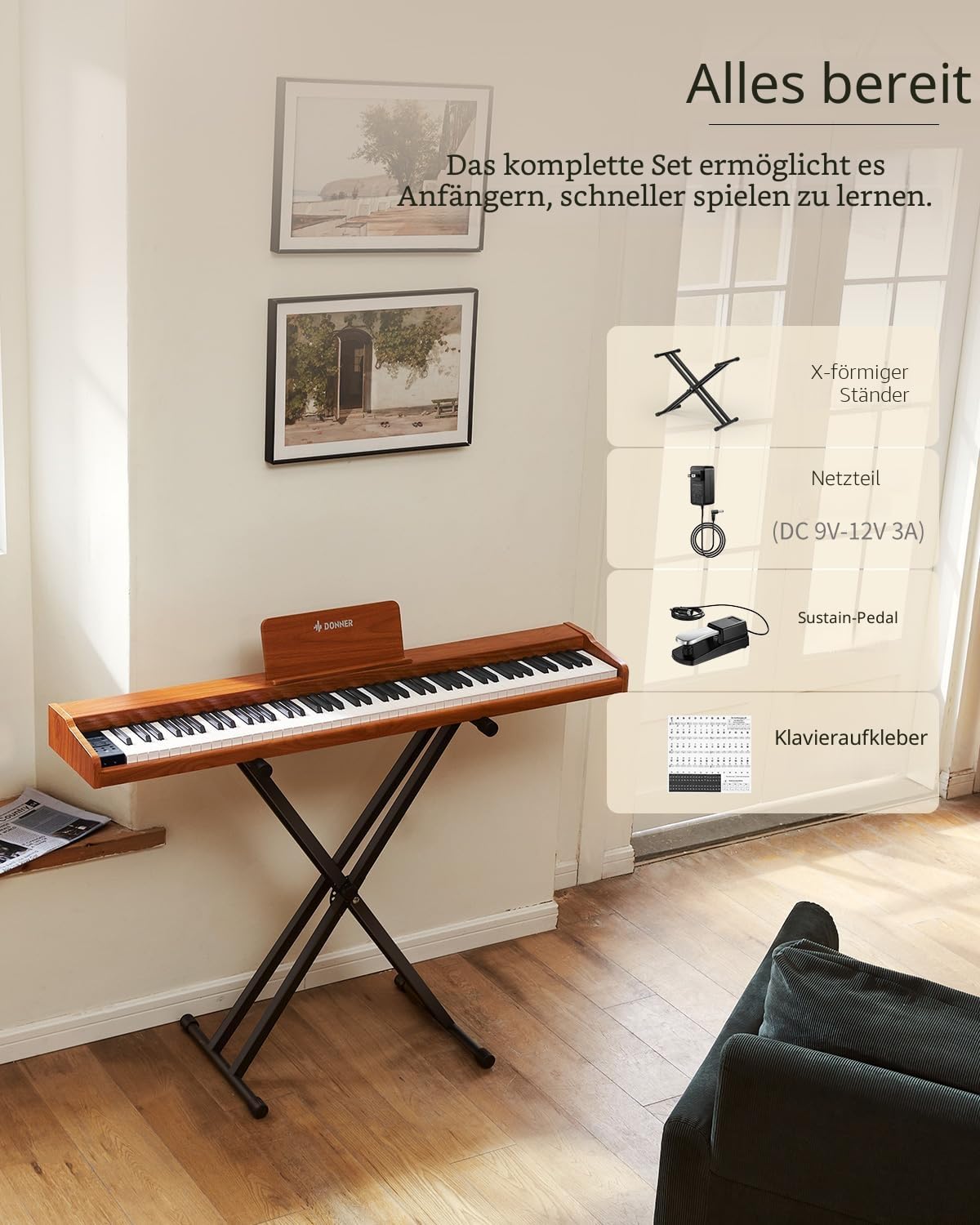 Donner DEP-1S Digitalpiano mit 88 Tasten, Anschlagdynamisches E-Piano für Anfänger, mit Bluetooth, USB-MIDI, 128 Klängen, 100 Rhythmen, Klappständer, Sustainpedal, Tastenaufkleber & Netzteil