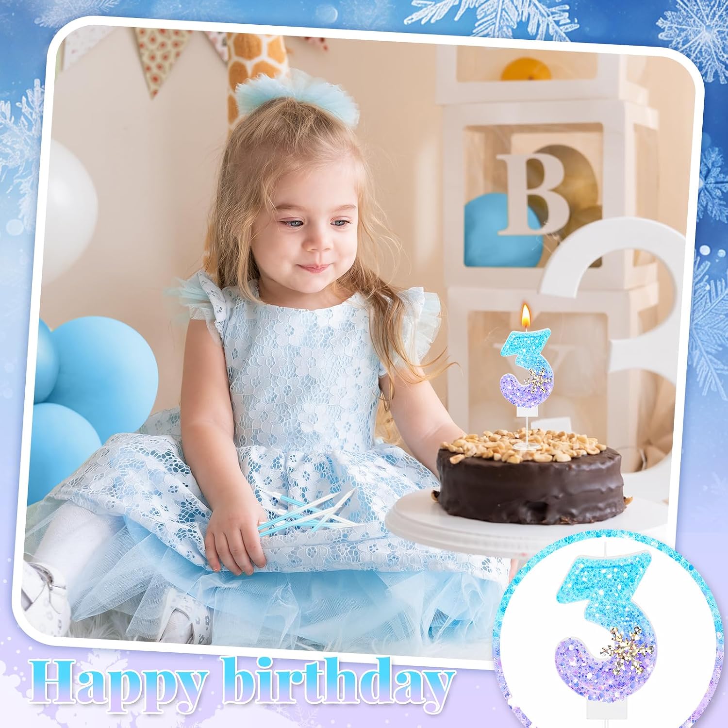 MTLEE 7 Pcs Blue Snowflake Number 3 Birthday Candle for Cake Topper Cupcake