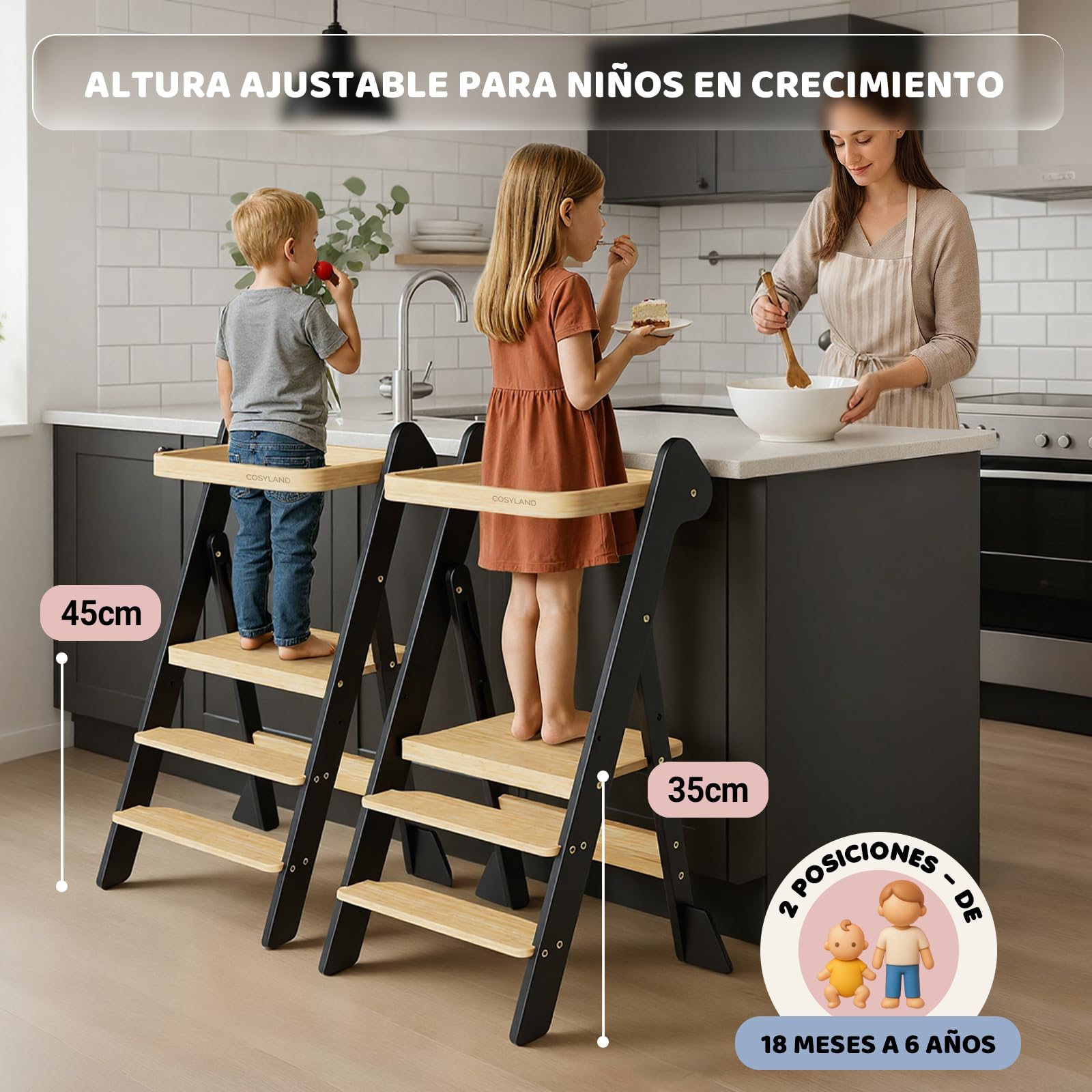 COSYLAND Torre de Aprendizaje Plegable Desde 1 Año – Premio iF Design, Torre Montessori con Red de Seguridad y Altura Ajustable, Ideal para Cocina y Baño, Foldi (Negro y Natural)