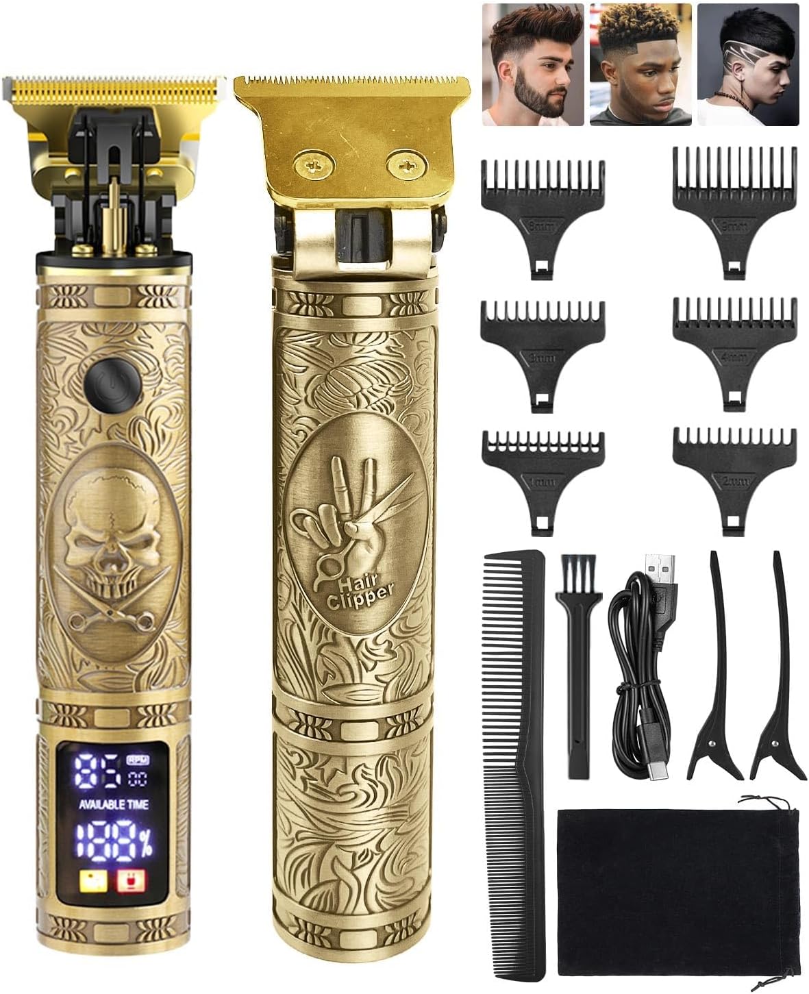 Baardtrimmer, 1200mAh professionele tondeuse voor mannen, alles-in-één draadloze oplaadbare tondeuse met 6 limietkammen, T-Blade baardtrimmer verzorgingsset met LCD-display, scheerapparaat geschenken