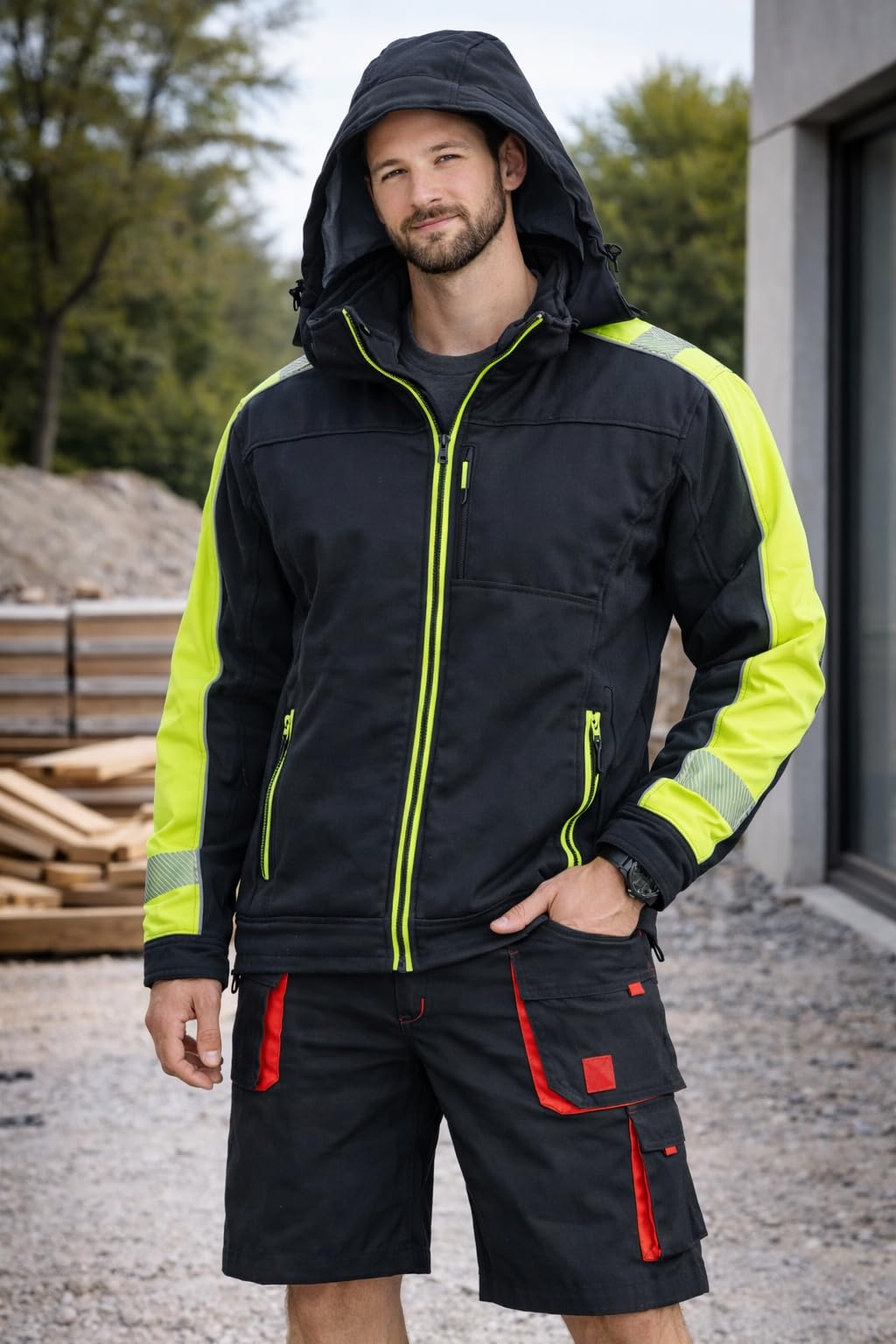 Arbeitsjacke mit Kapuze Softshell GL-8364, mit Fleece gefüttert, atmungsaktiv, wasserdicht.