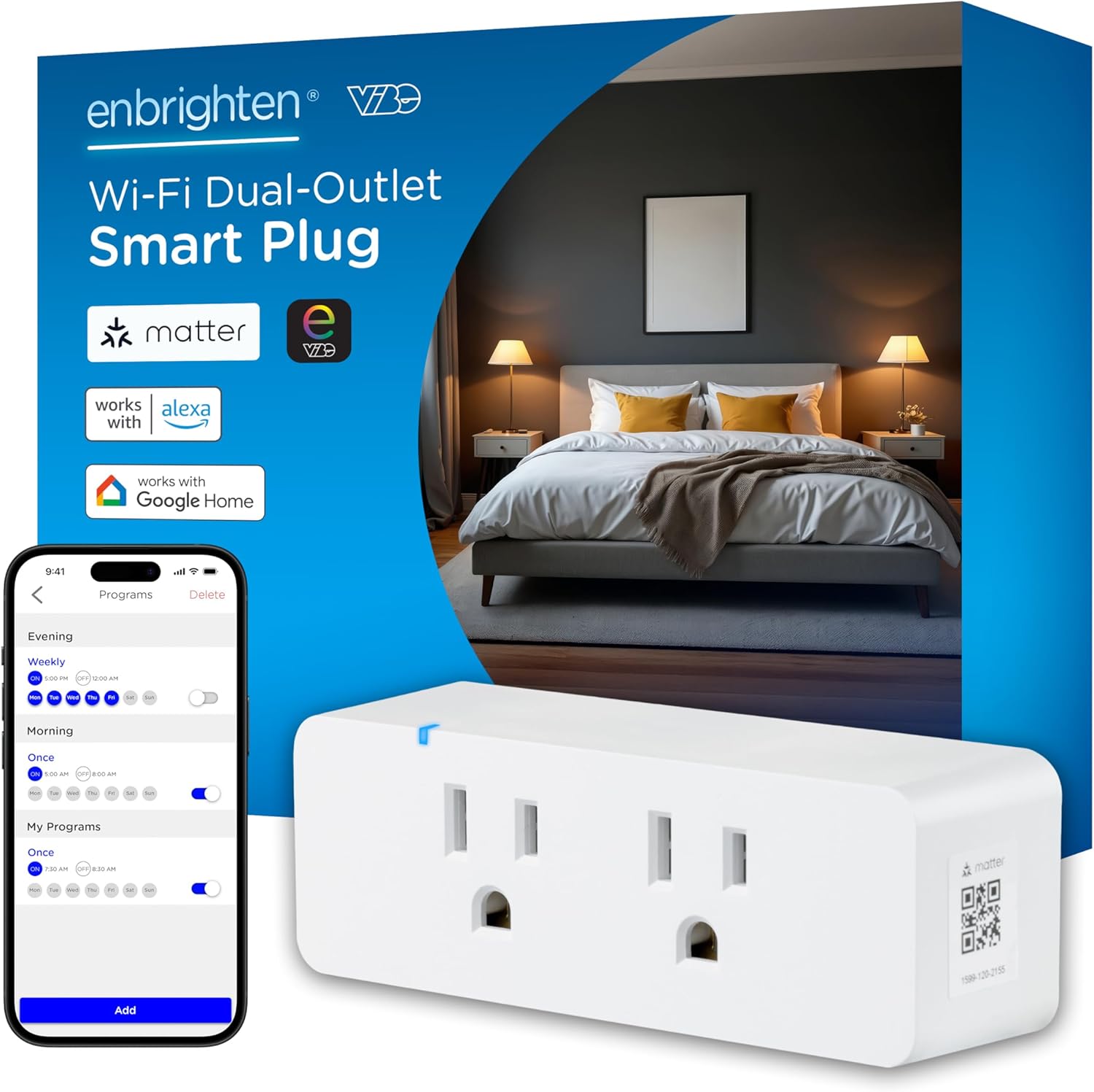 Enbrighten Vibe Indoor Dual-Outlet Wi‑Fi Matter Smart Plug, 2.4GHz, No Hub Required, Compatible with Alexa and Google Assistant, Dual Grounded Plug‑in Outlets, 81198-TS1