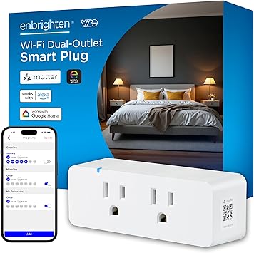 Enbrighten Vibe Indoor Dual-Outlet WiFi Matter Smart Plug, 2.4GHz, No Hub Required, Compatible with Alexa and Google Assistant, Dual Grounded Plugin Outlets, 81198-TS1
